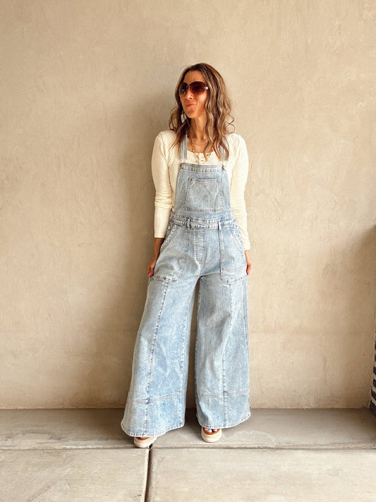 Charlie Wide Leg Overalls in Light Wash
