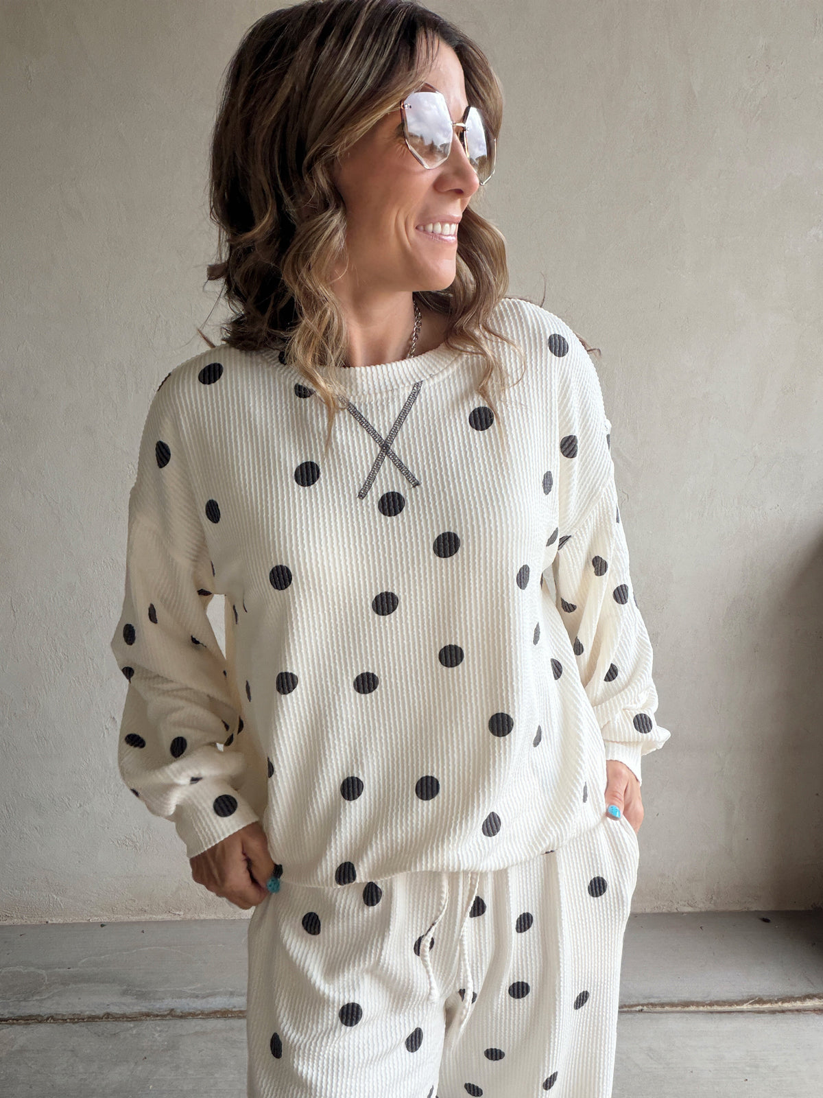 Rylee Ribbed Polka Dot Set in Ecru & Black