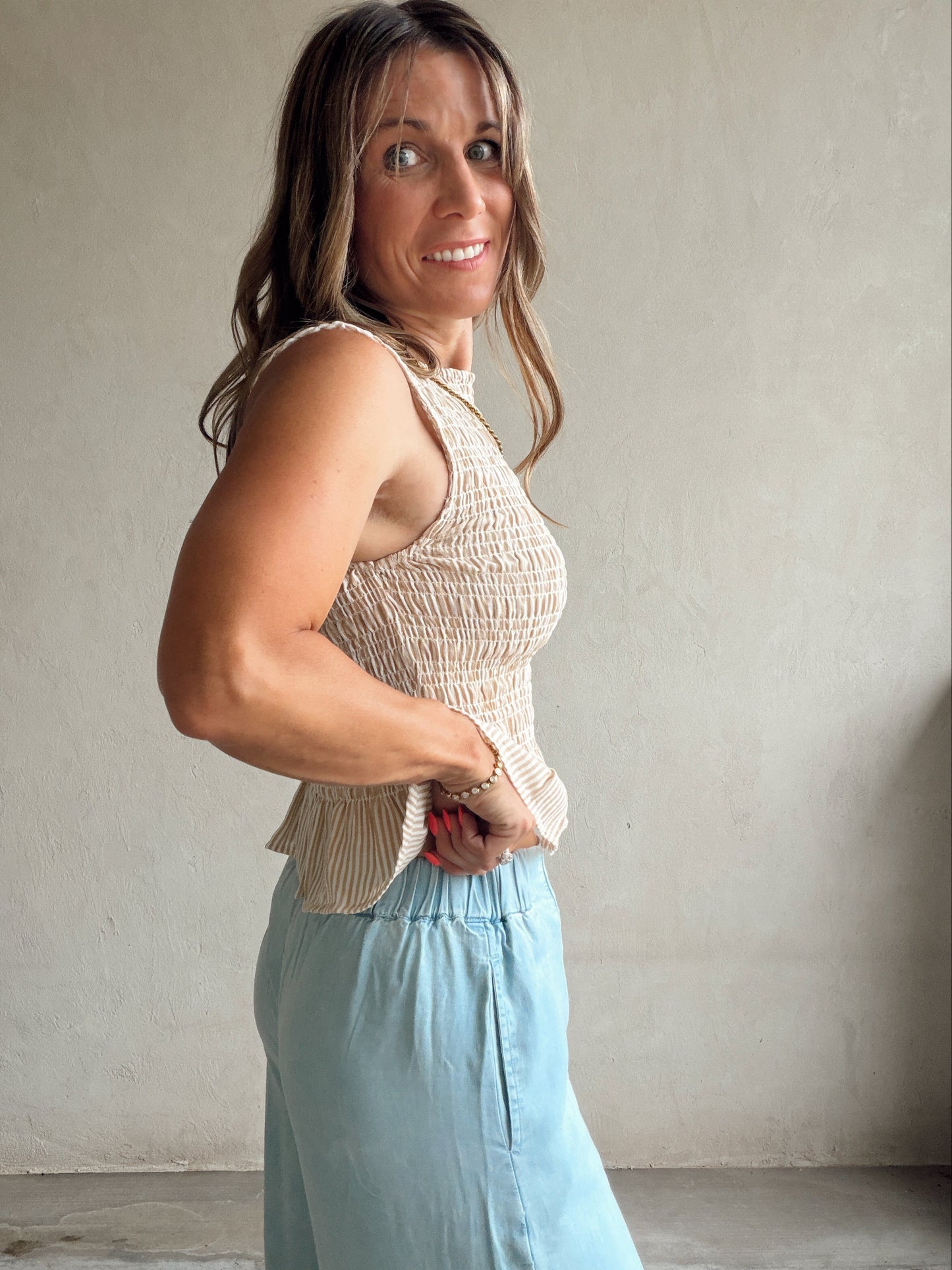 Miranda Sleeveless Tank in Taupe & Ivory