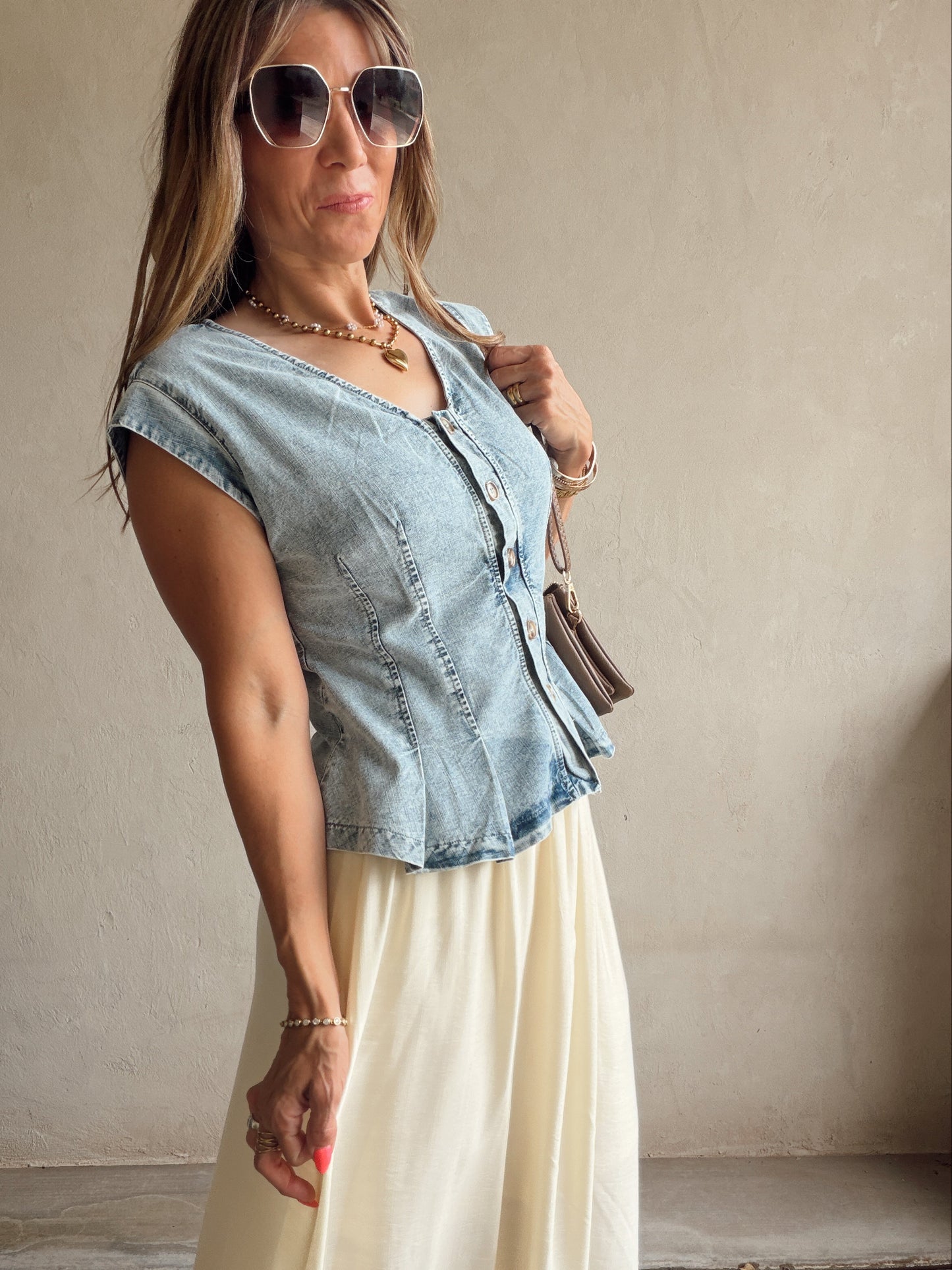 Kennedy Ruffle Top in Washed Denim