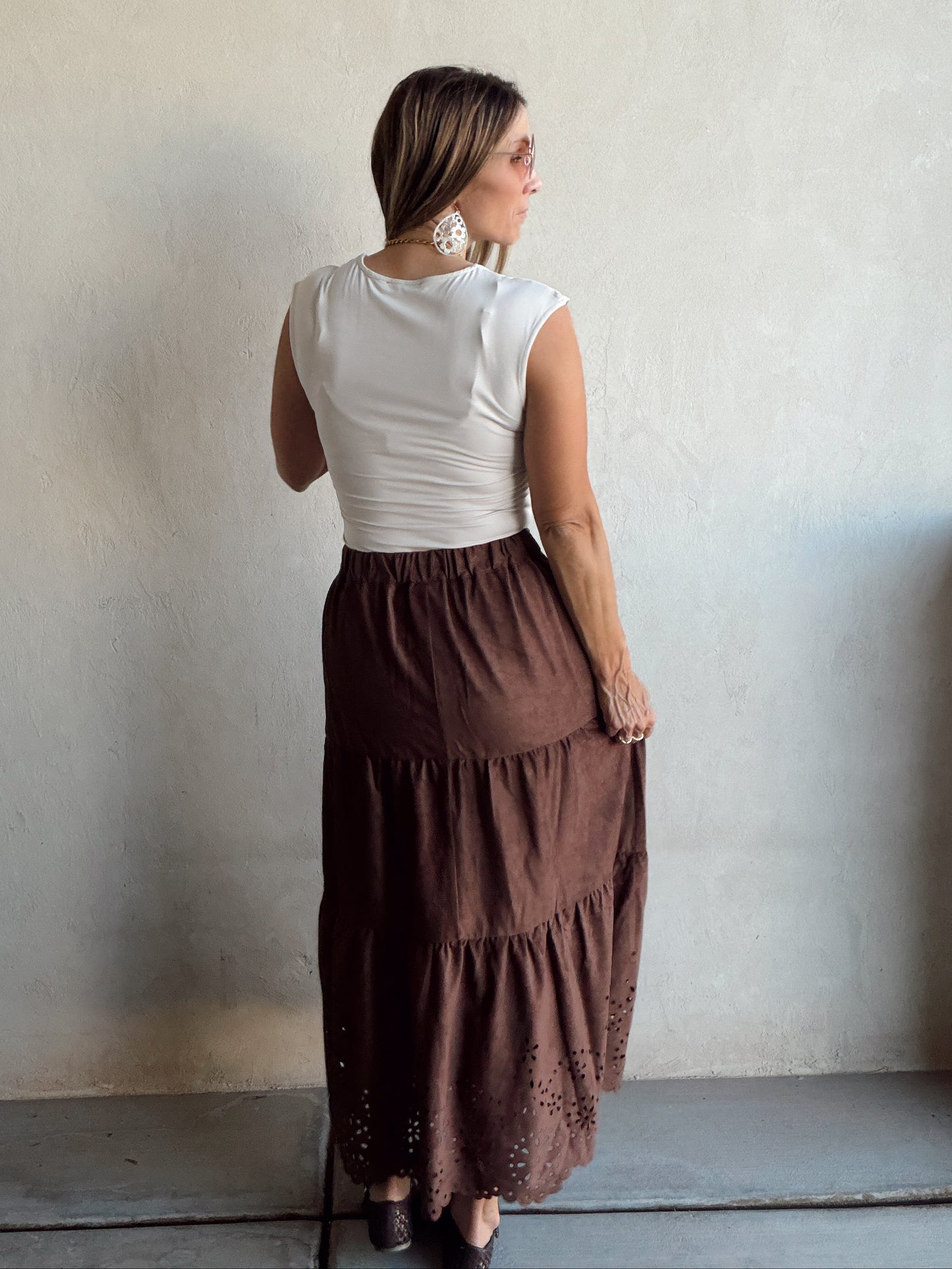 Sophie Suede Eyelet Skirt in Chocolate