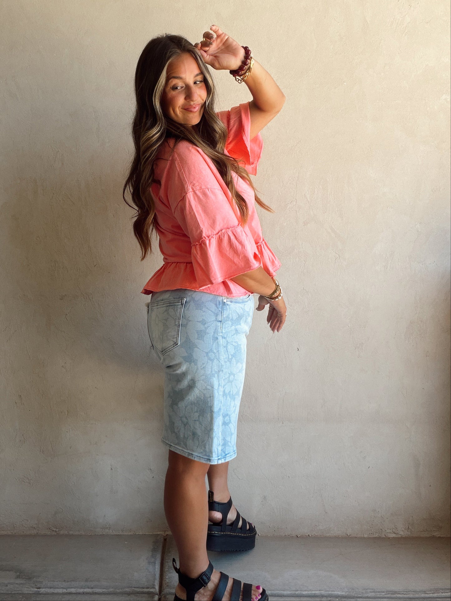 Chloe Floral Bermuda Shorts in Light Wash