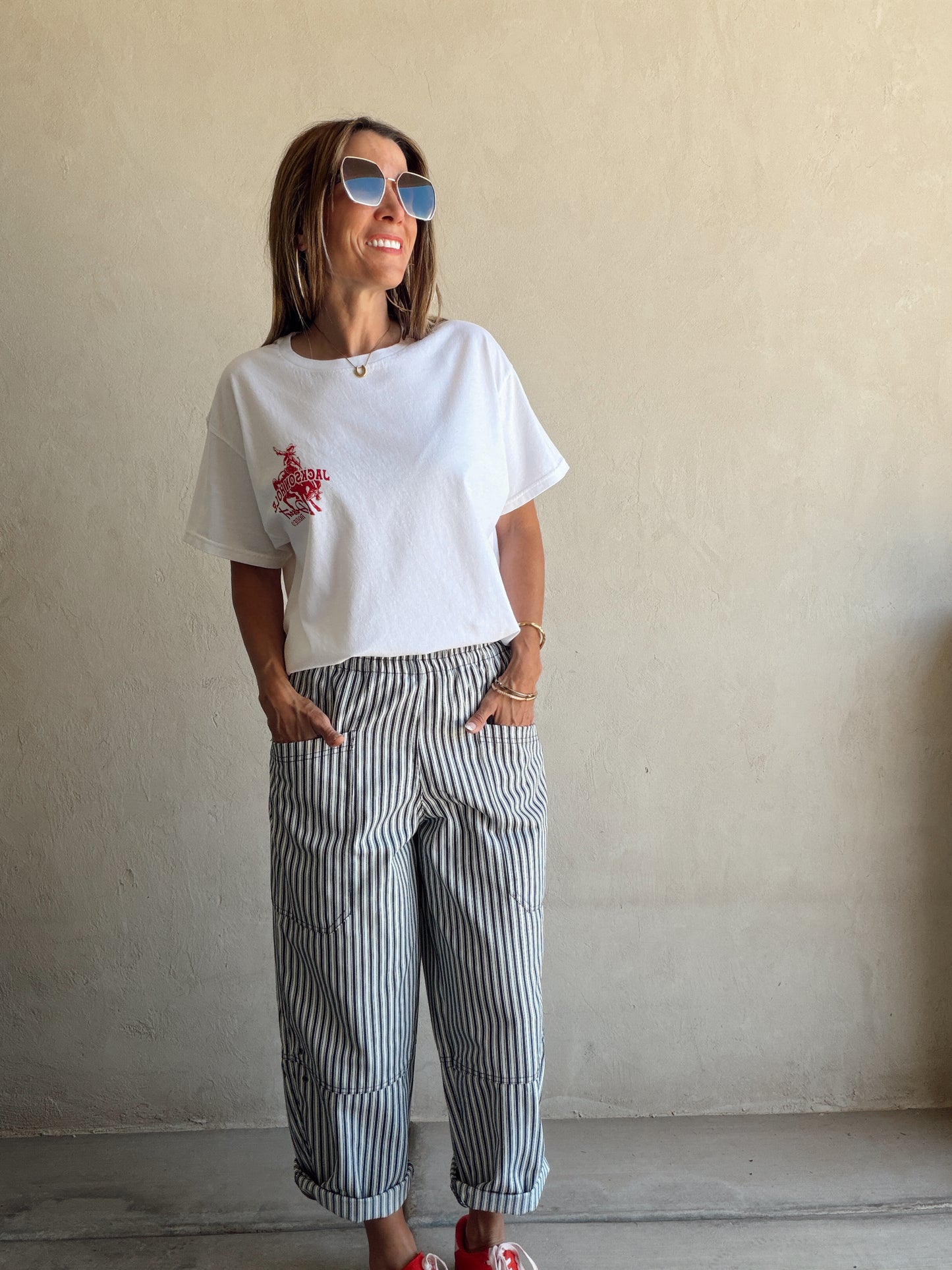 Sabrina Striped Barrel Pant in Navy