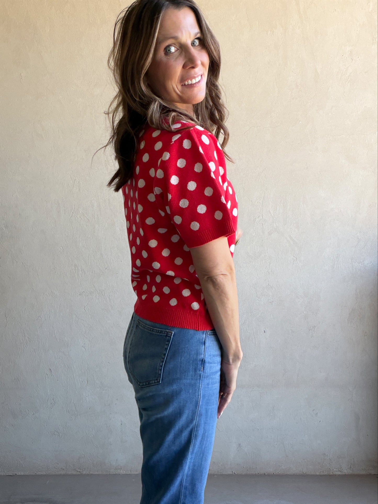 Polka Dot Cardigan in Red & Ivory