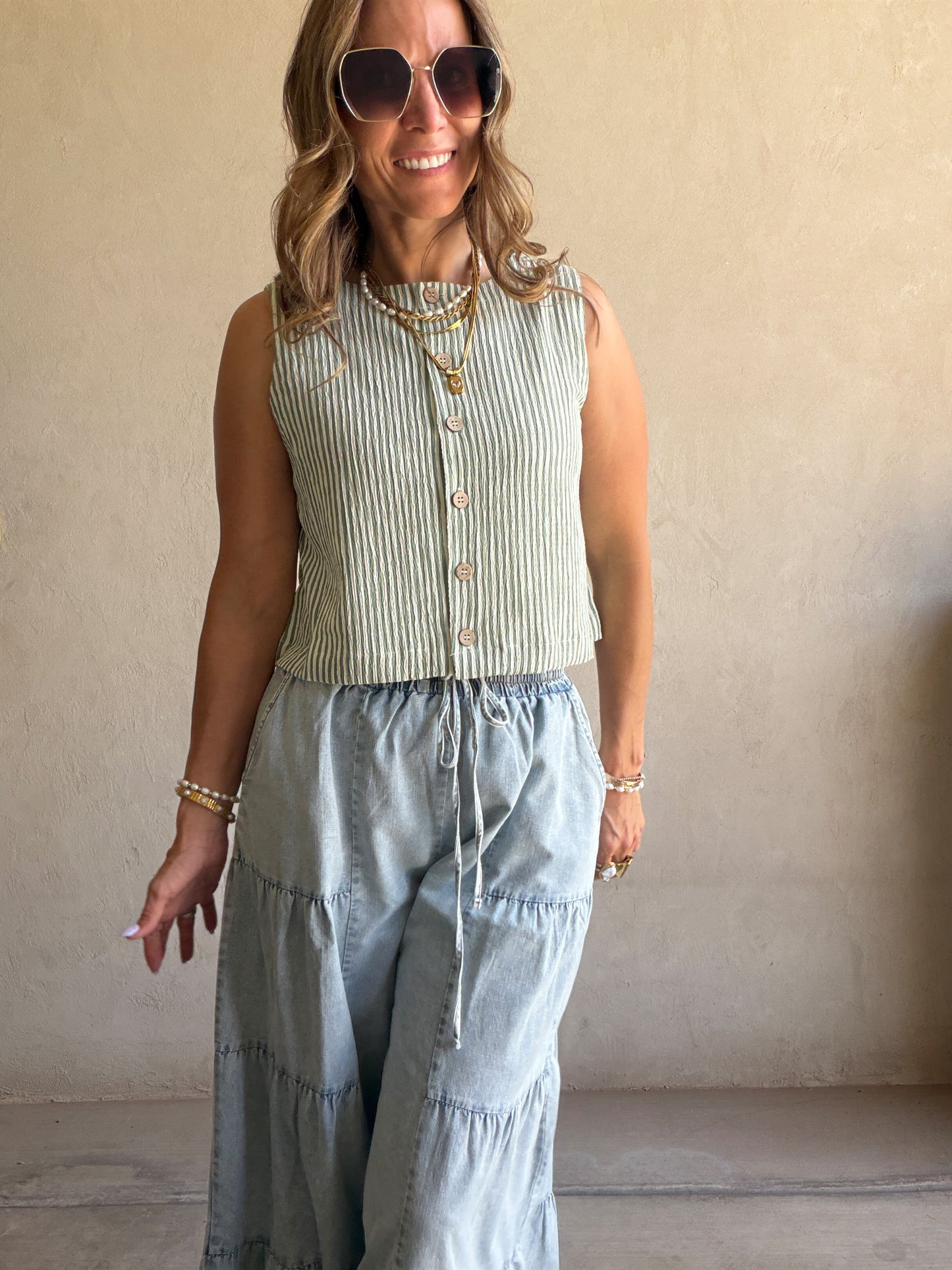 Melinda Tank in Sage & White