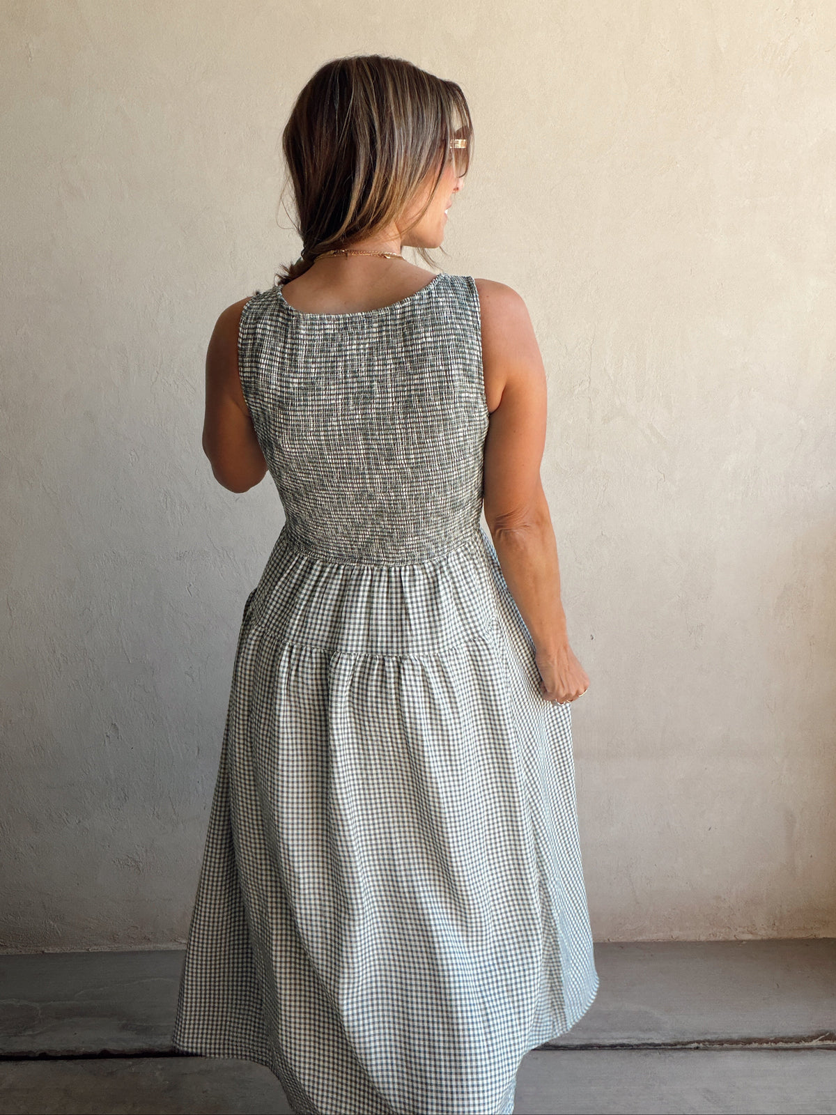 Denise Dress in Gingham Dress in Evergreen & Cream