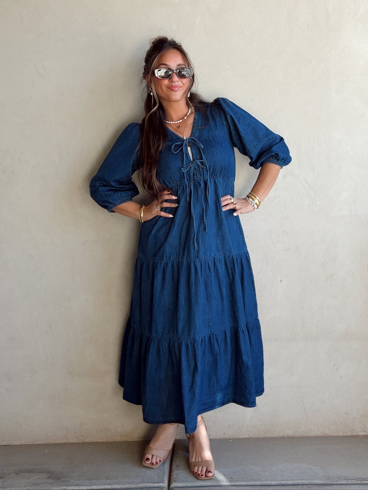 Jolee Bow Maxi Dress in Denim