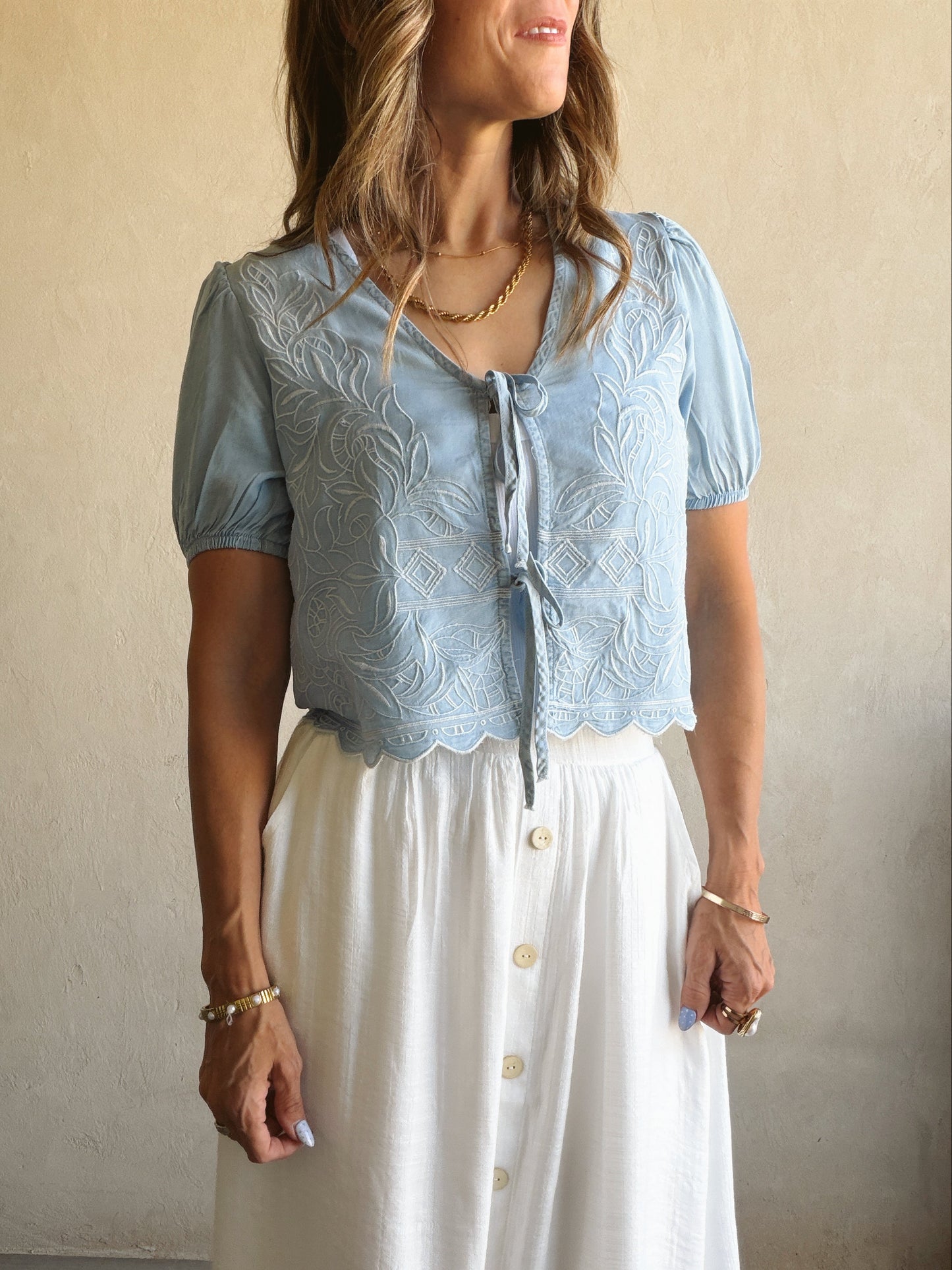 Sherry Embroidered Top in Light Blue