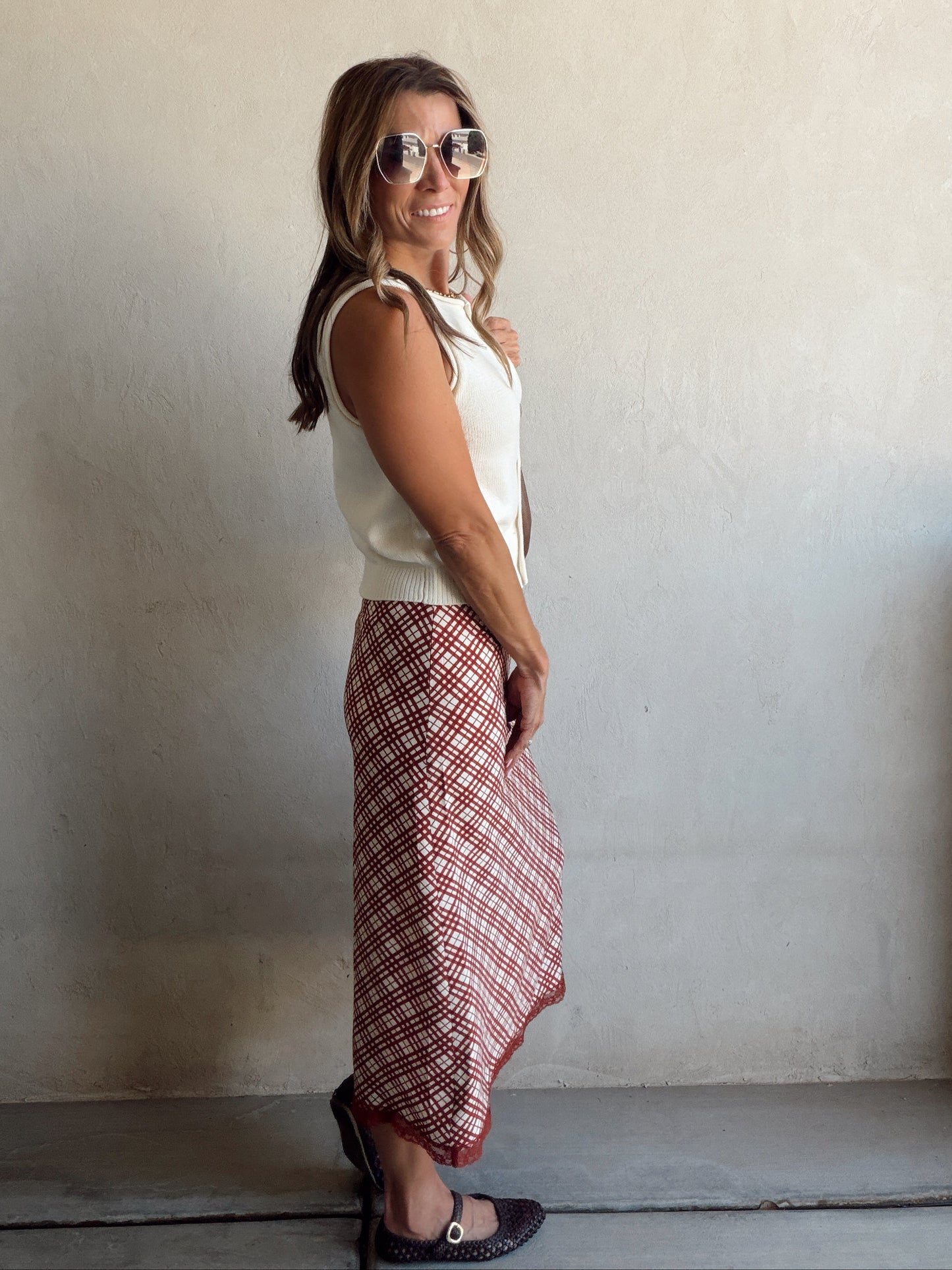 Plaid Skirt in Burgundy & Cream
