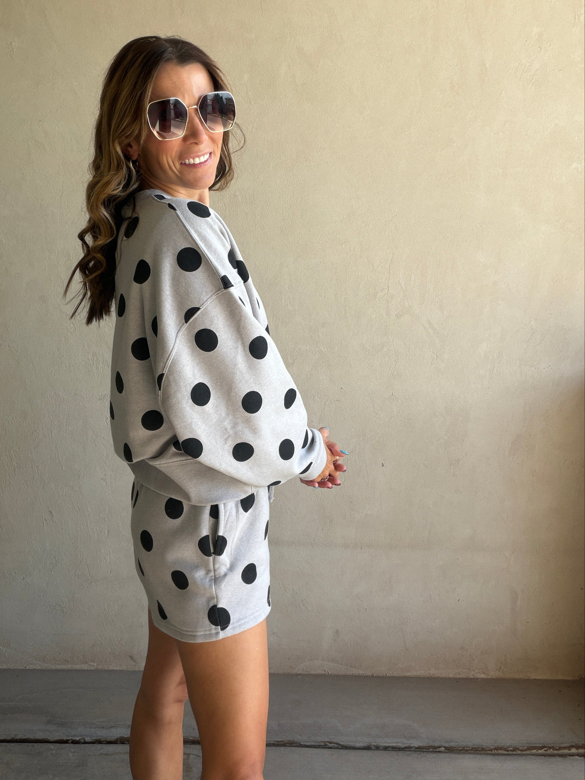 Aubree Set in Gray with Black Polka Dots
