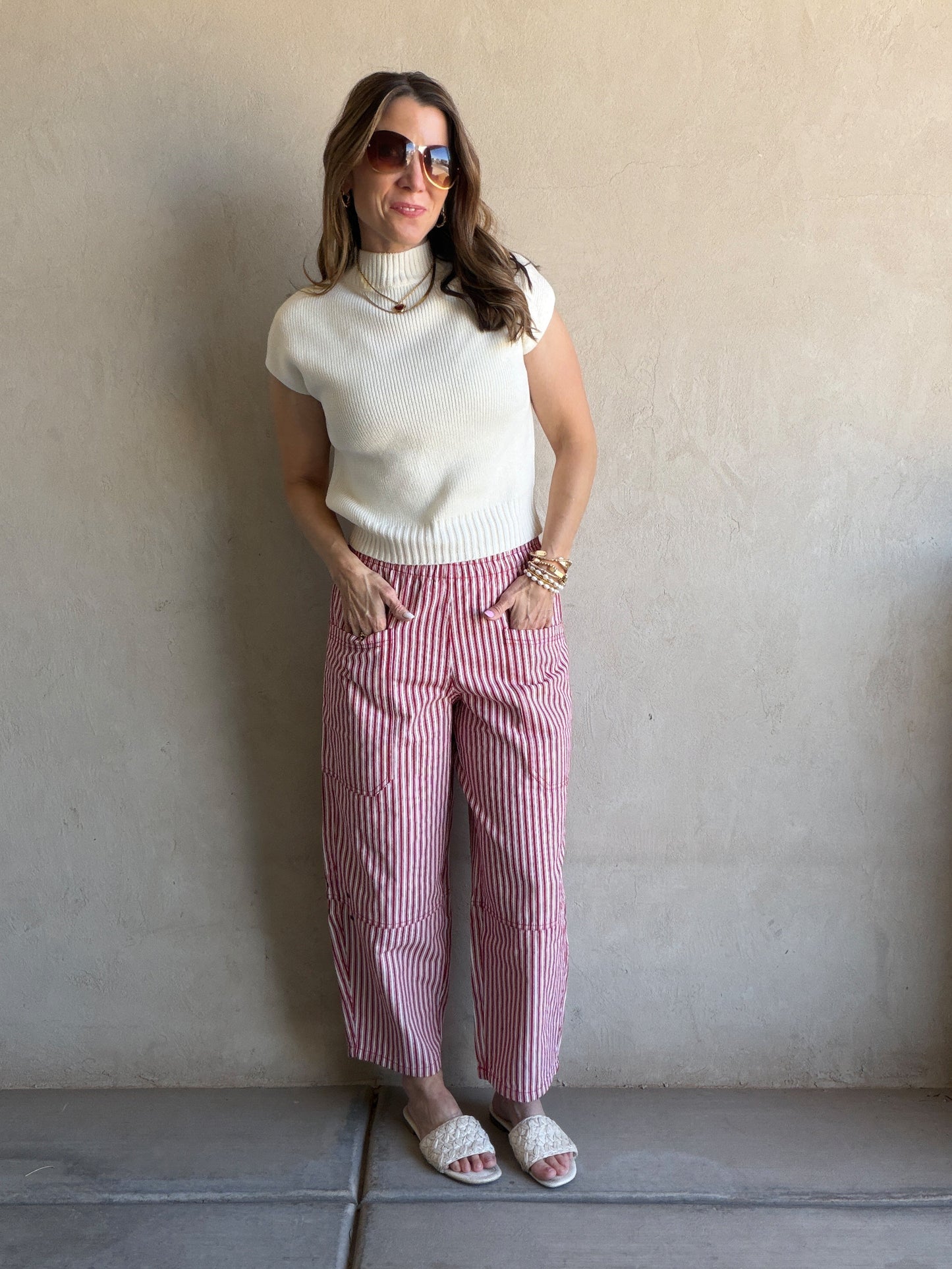 Striped Barrel Pant in Red