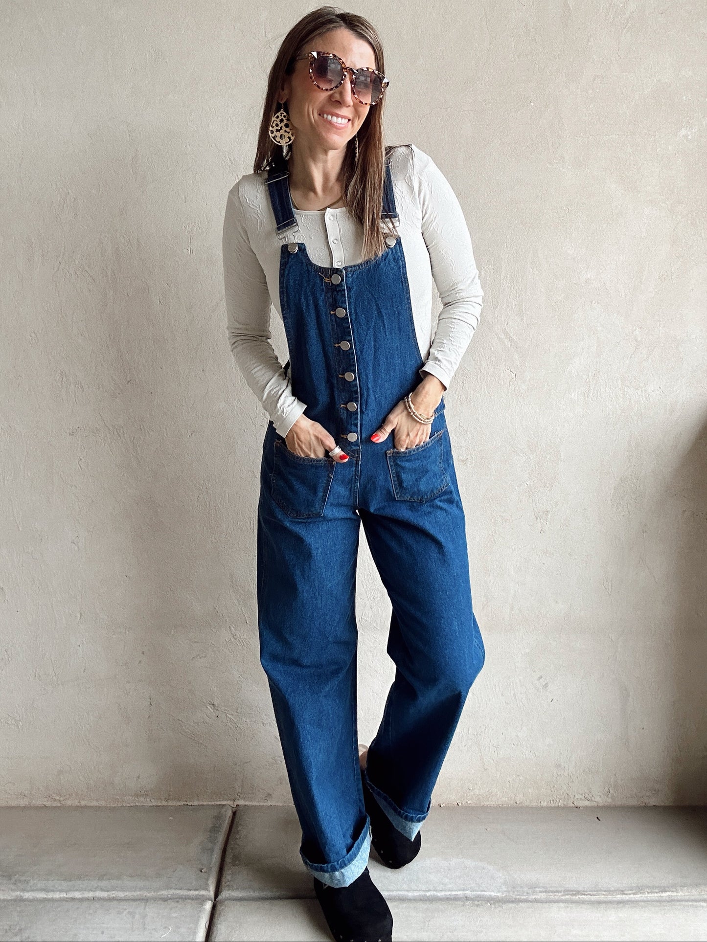 Kitney Button Down Overalls in Dark Wash