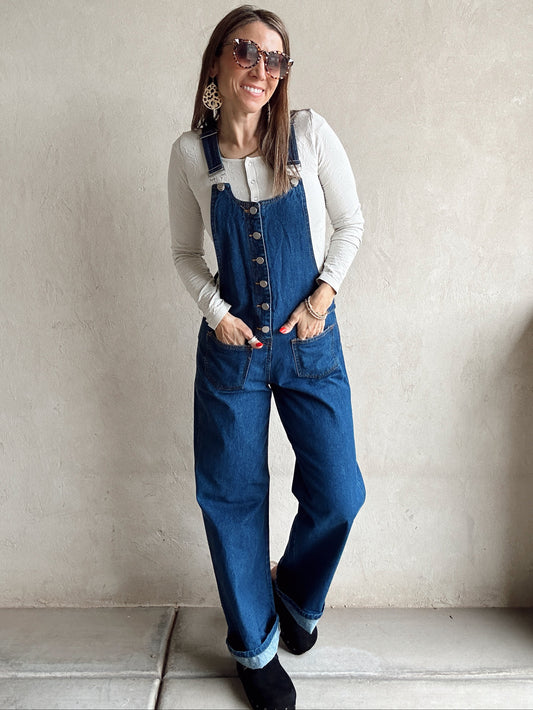 Kitney Button Down Overalls in Dark Wash