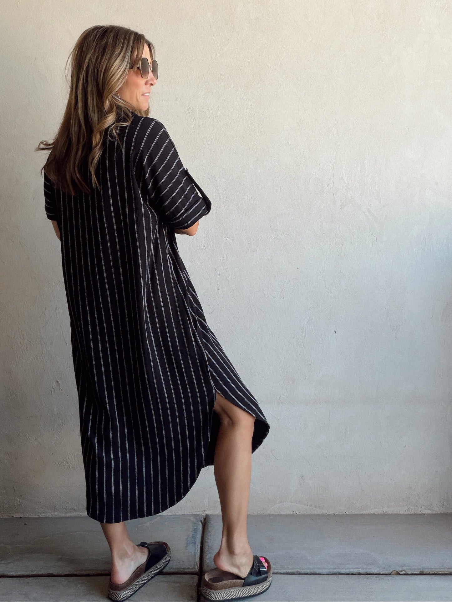 Tia Dress in Black with White Stripes