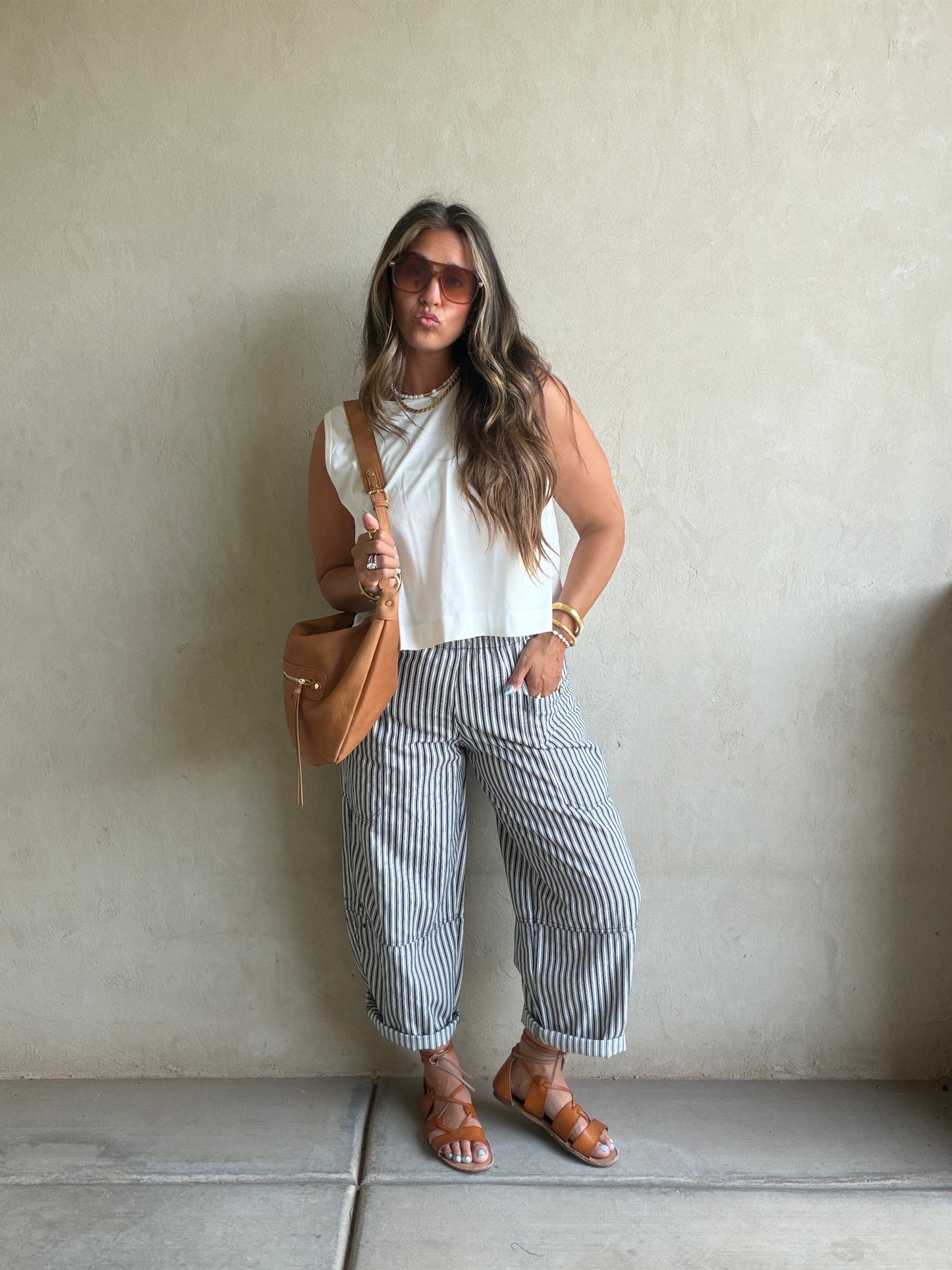 Striped Barrel Pant in Navy