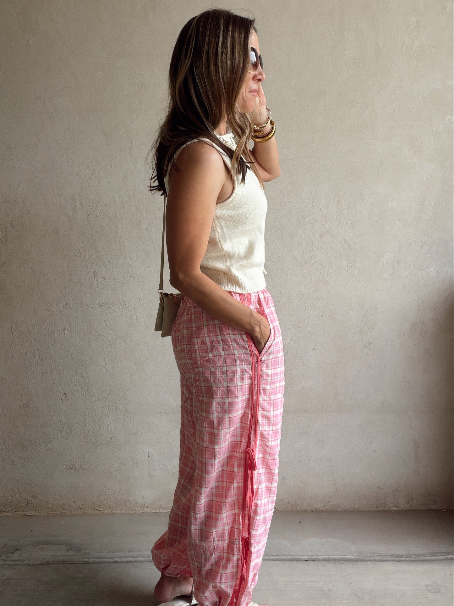 Christine Parachute Pants in Pink Plaid