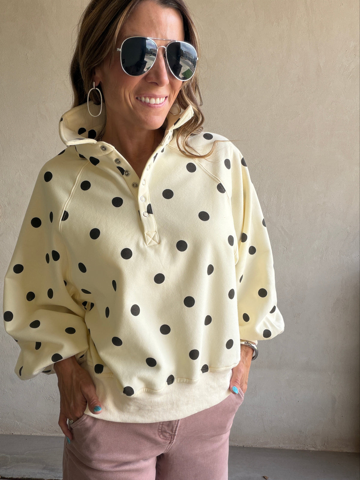 Kaylani Sweatshirt in Soft Yellow & Dark Brown Polka Dot