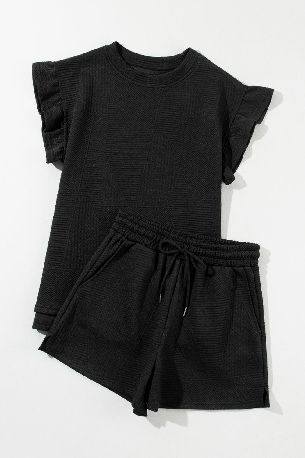 Black Textured Ruffle Split Top and Drawstring Shorts