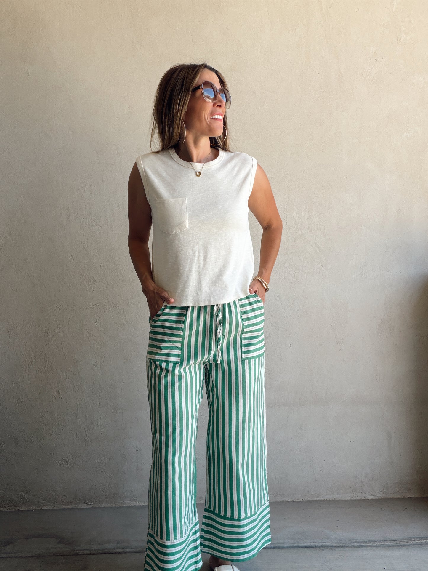 Kyla Drawstring Stripe Linen Pants in Green & Sand
