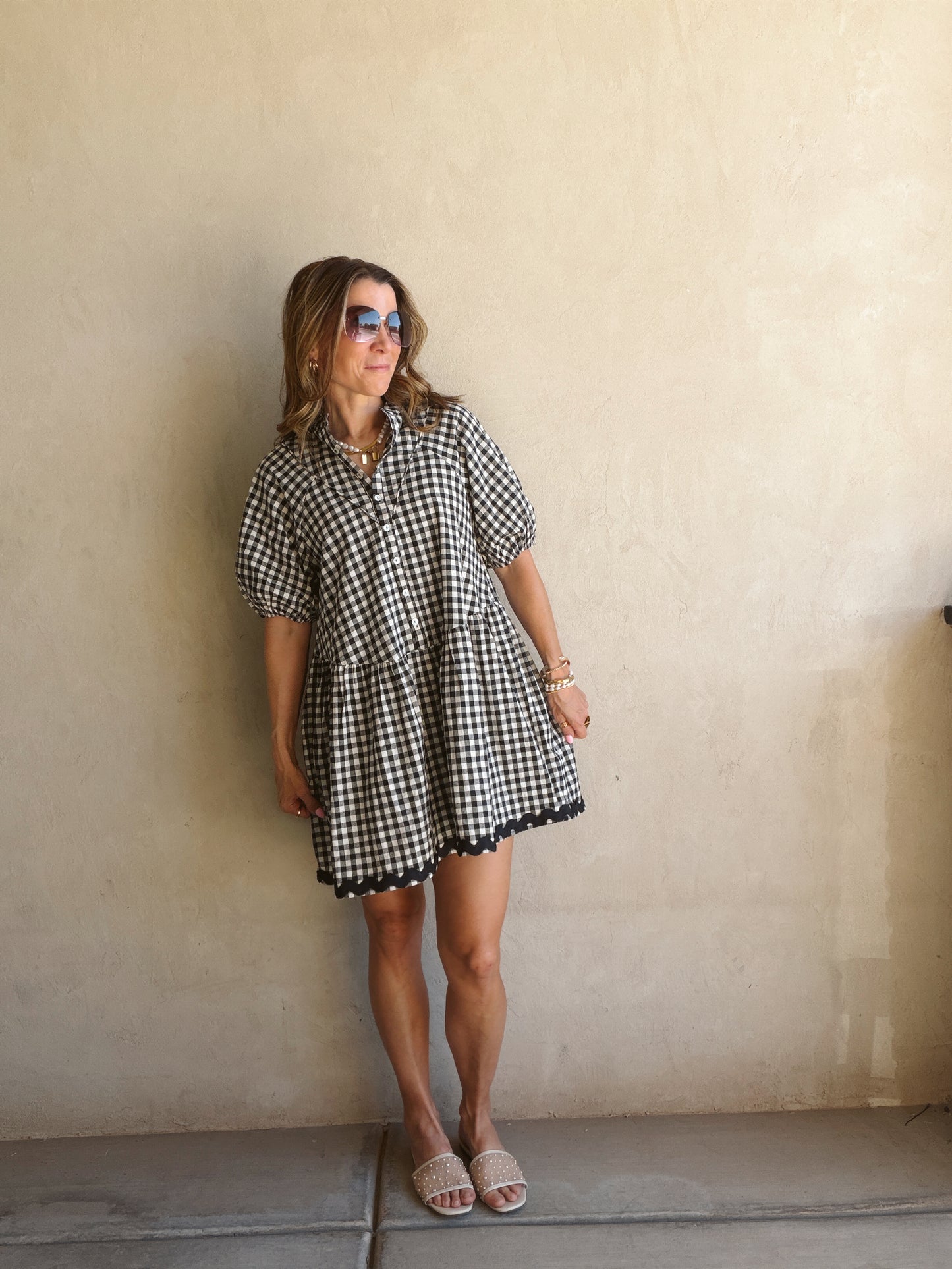 Tyra Tiered Midi Gingham Dress in Dark Navy