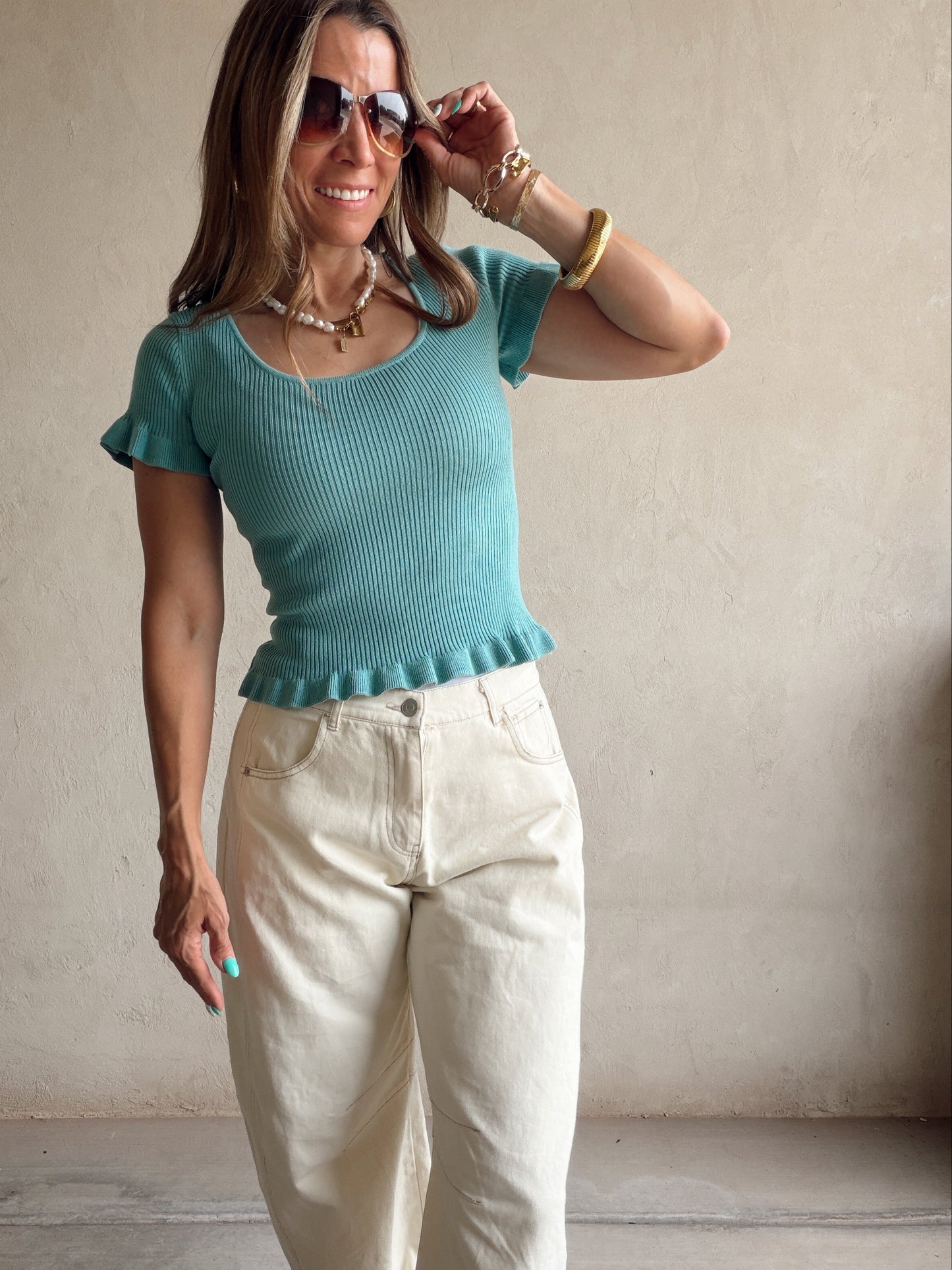 Rilee Ribbed Scoop Neck Top in Teal