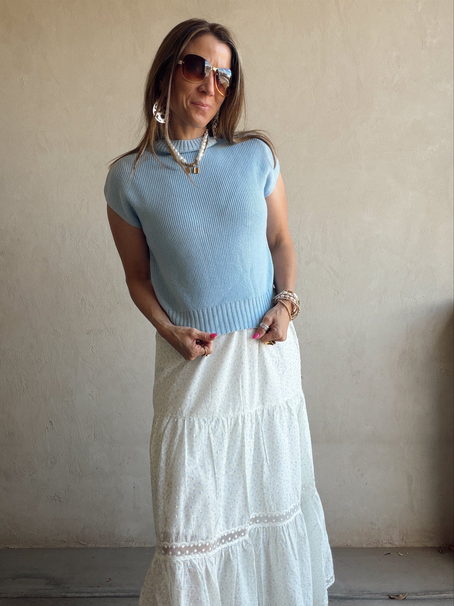 Angie Mock Neck Top in Light Blue