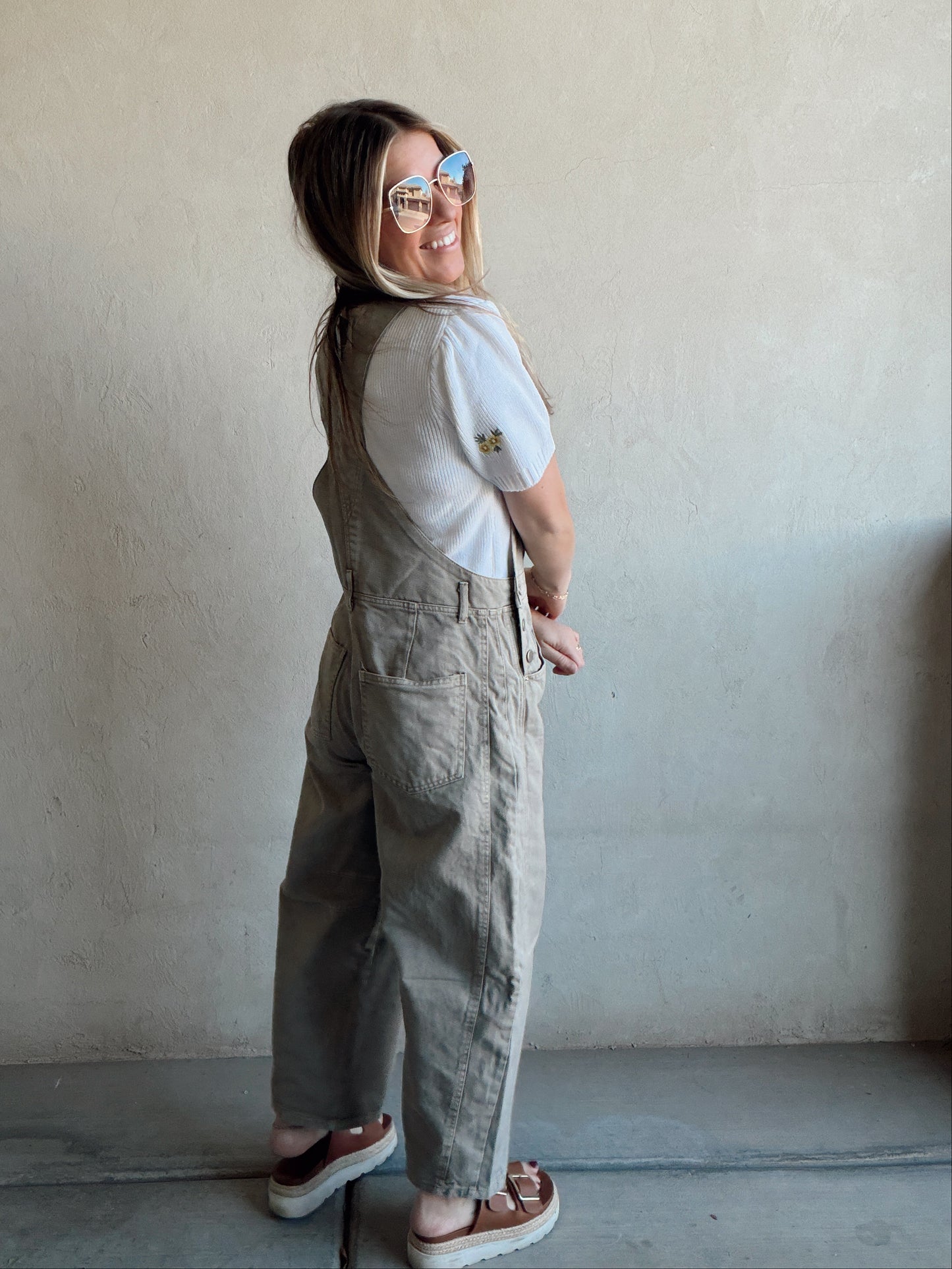 Tallie Barrel Overalls in Stone