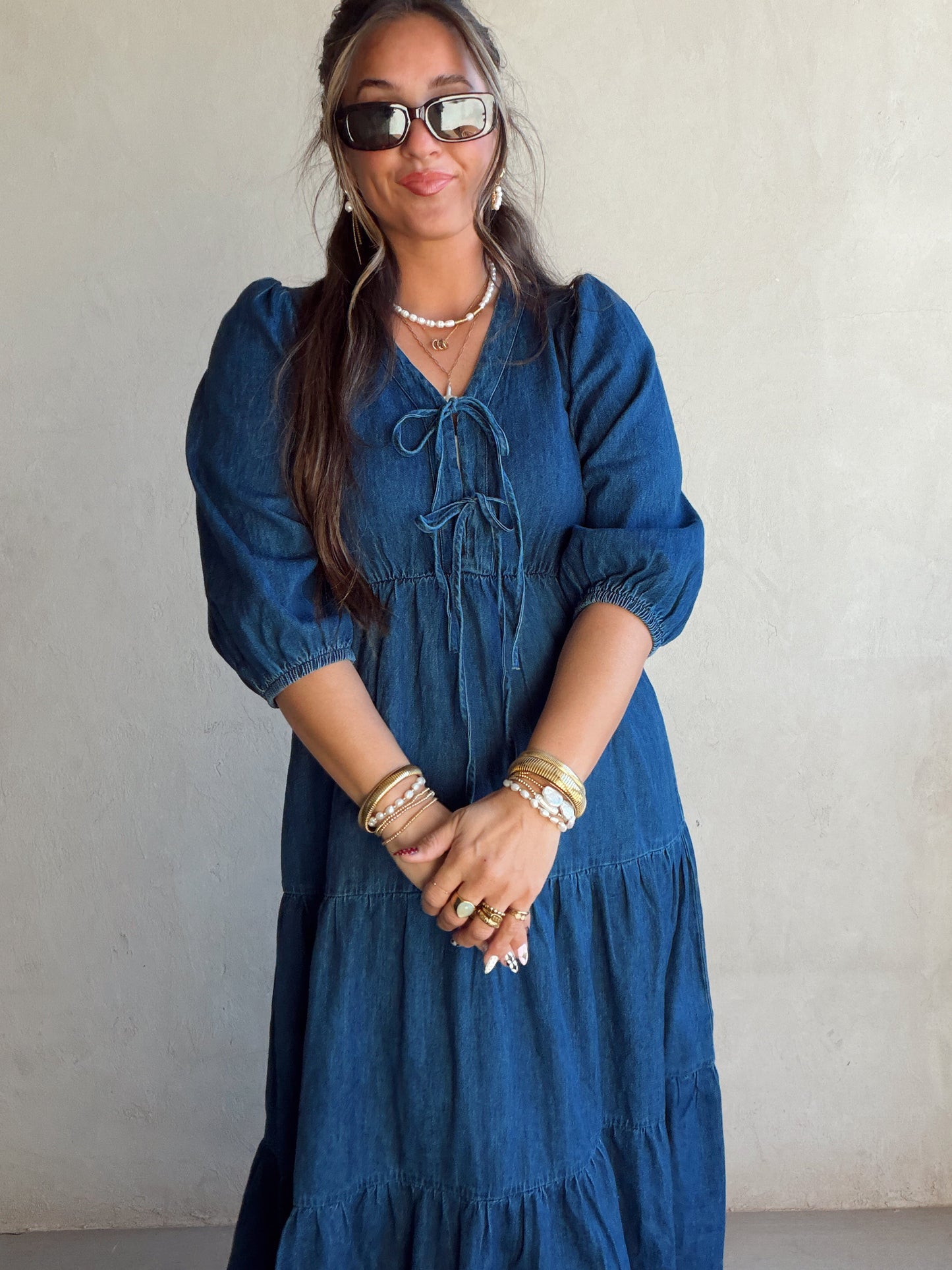 Jolee Bow Maxi Dress in Denim