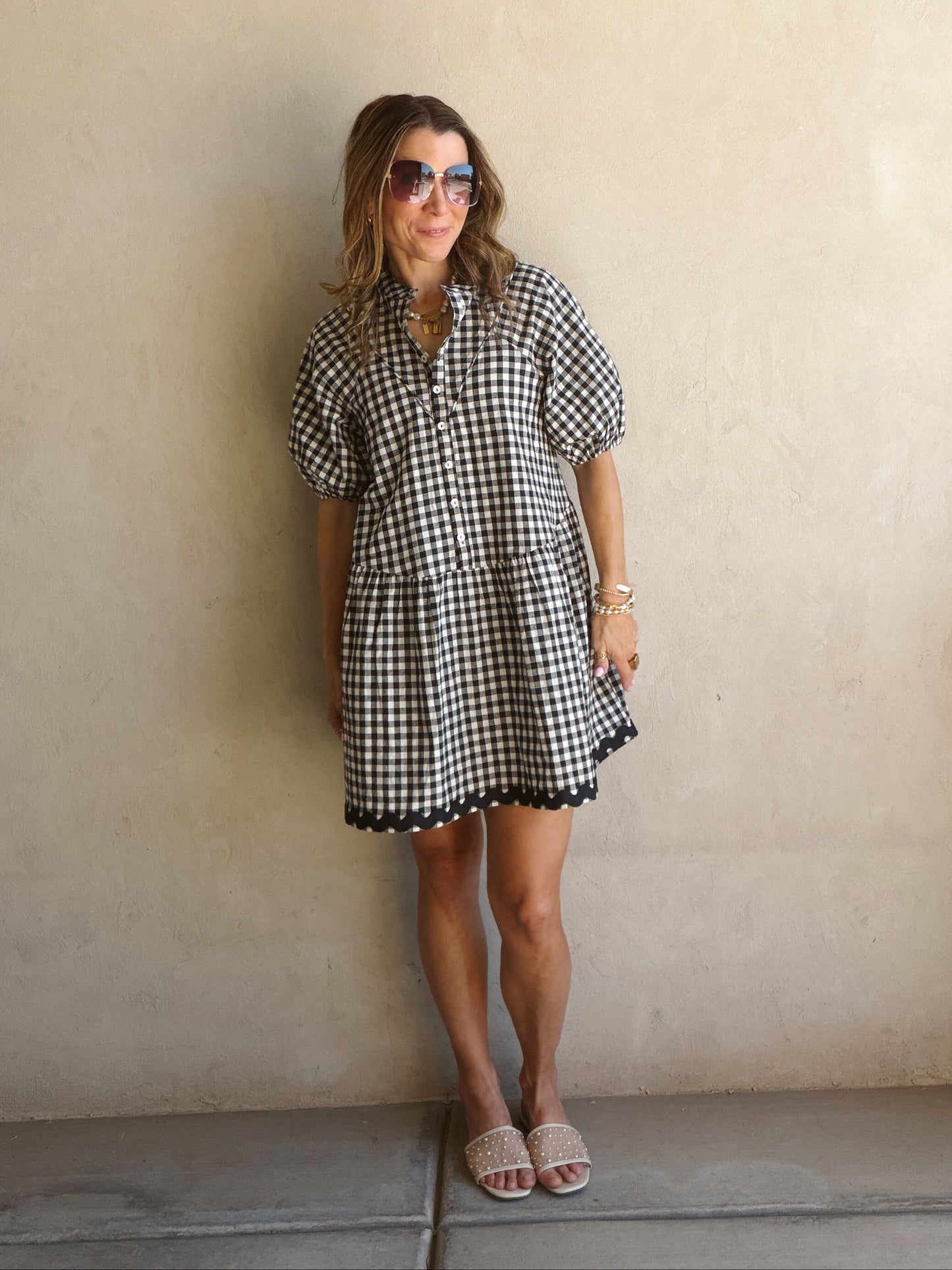 Tyra Tiered Midi Gingham Dress in Dark Navy