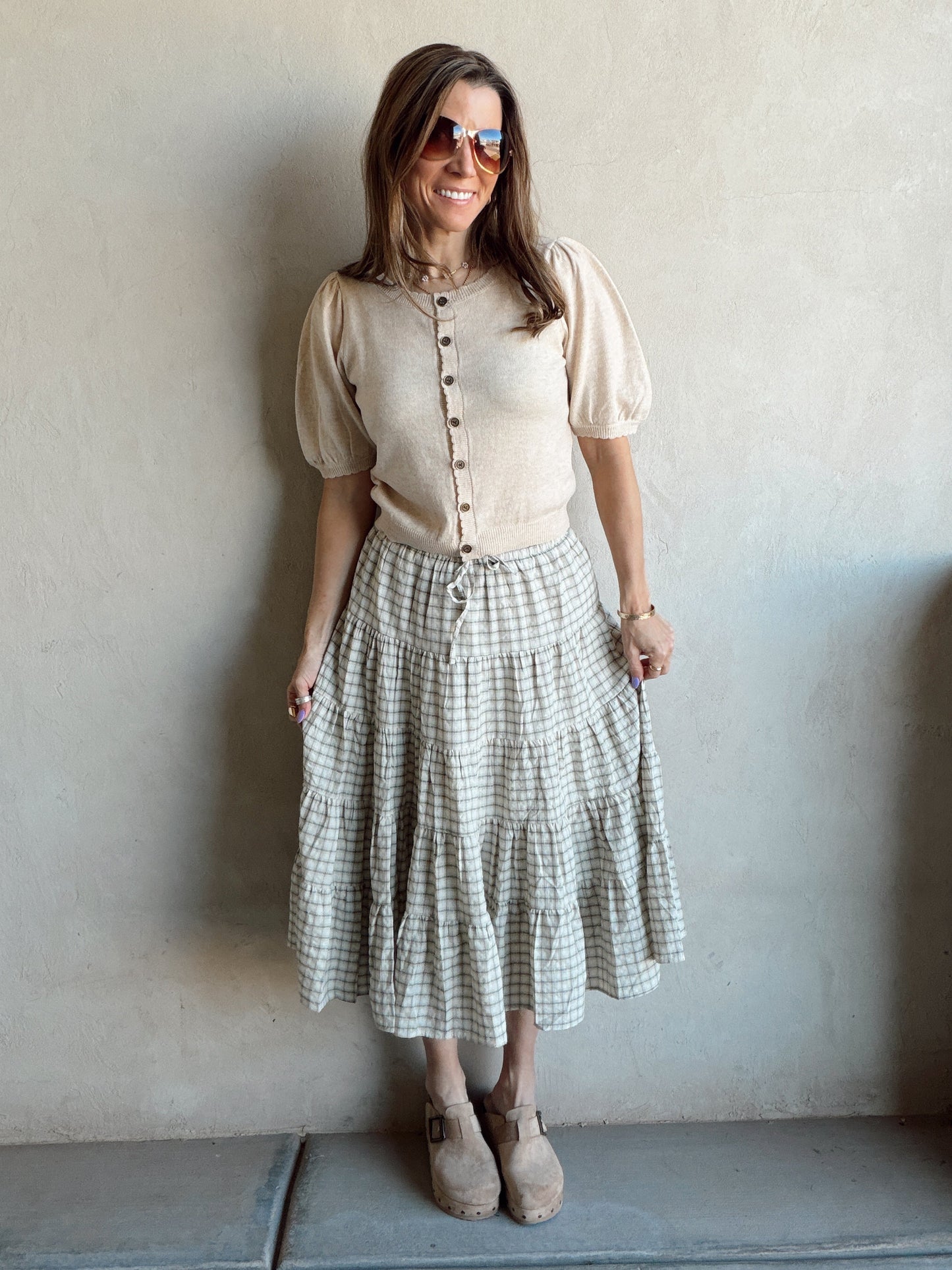 Sadie Midi Skirt in Olive, Tan & Cream