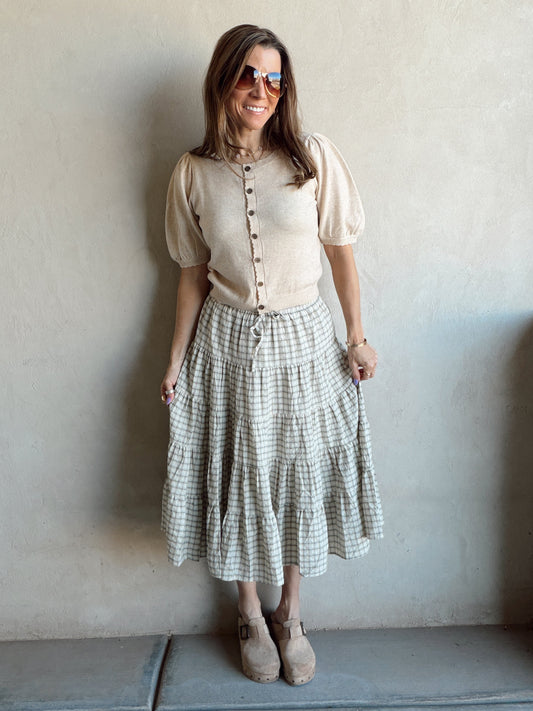 Sadie Midi Skirt in Olive, Tan & Cream