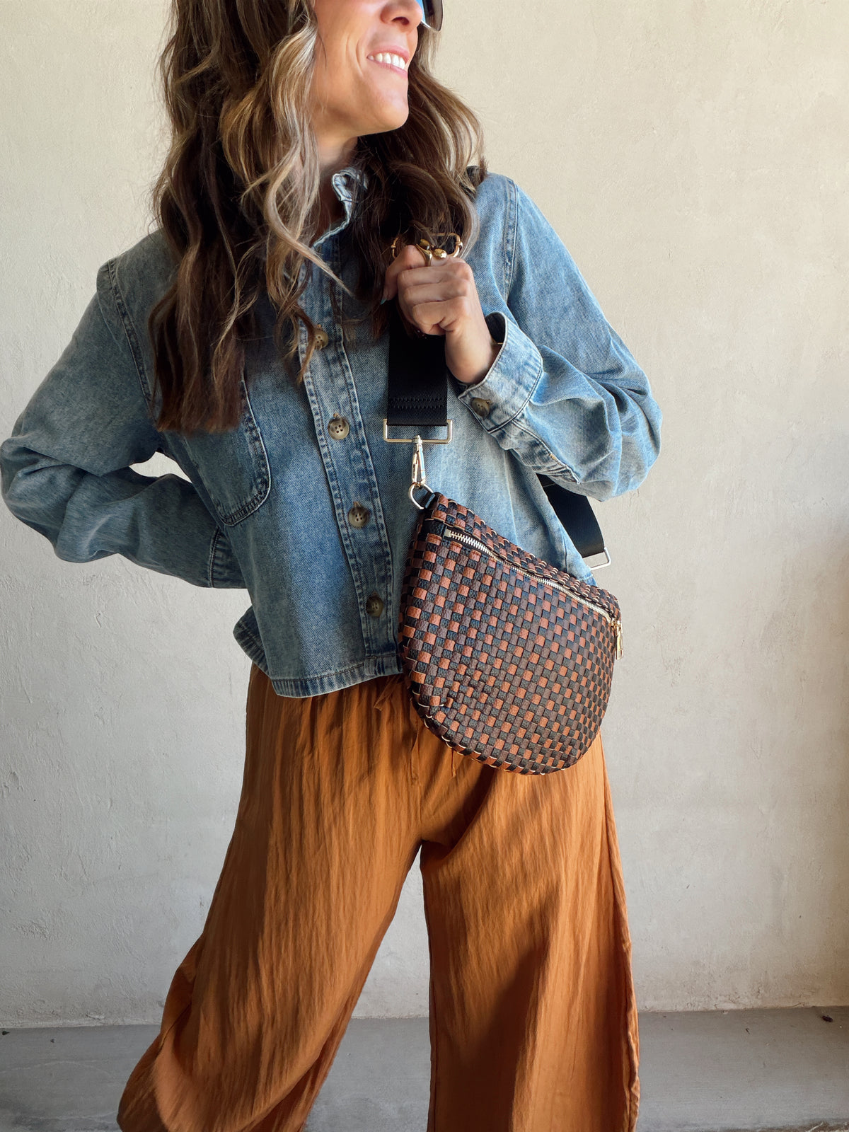 Betty Crossbody Bag in Cognac, Dark Brown, & Black