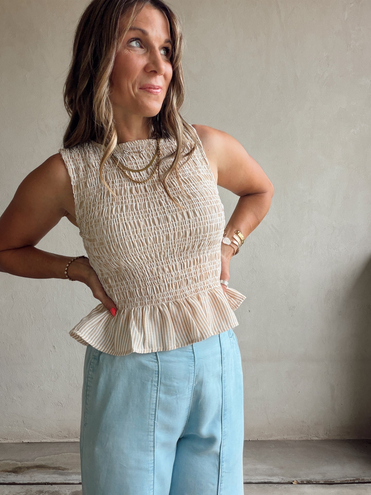 Miranda Sleeveless Tank in Taupe & Ivory