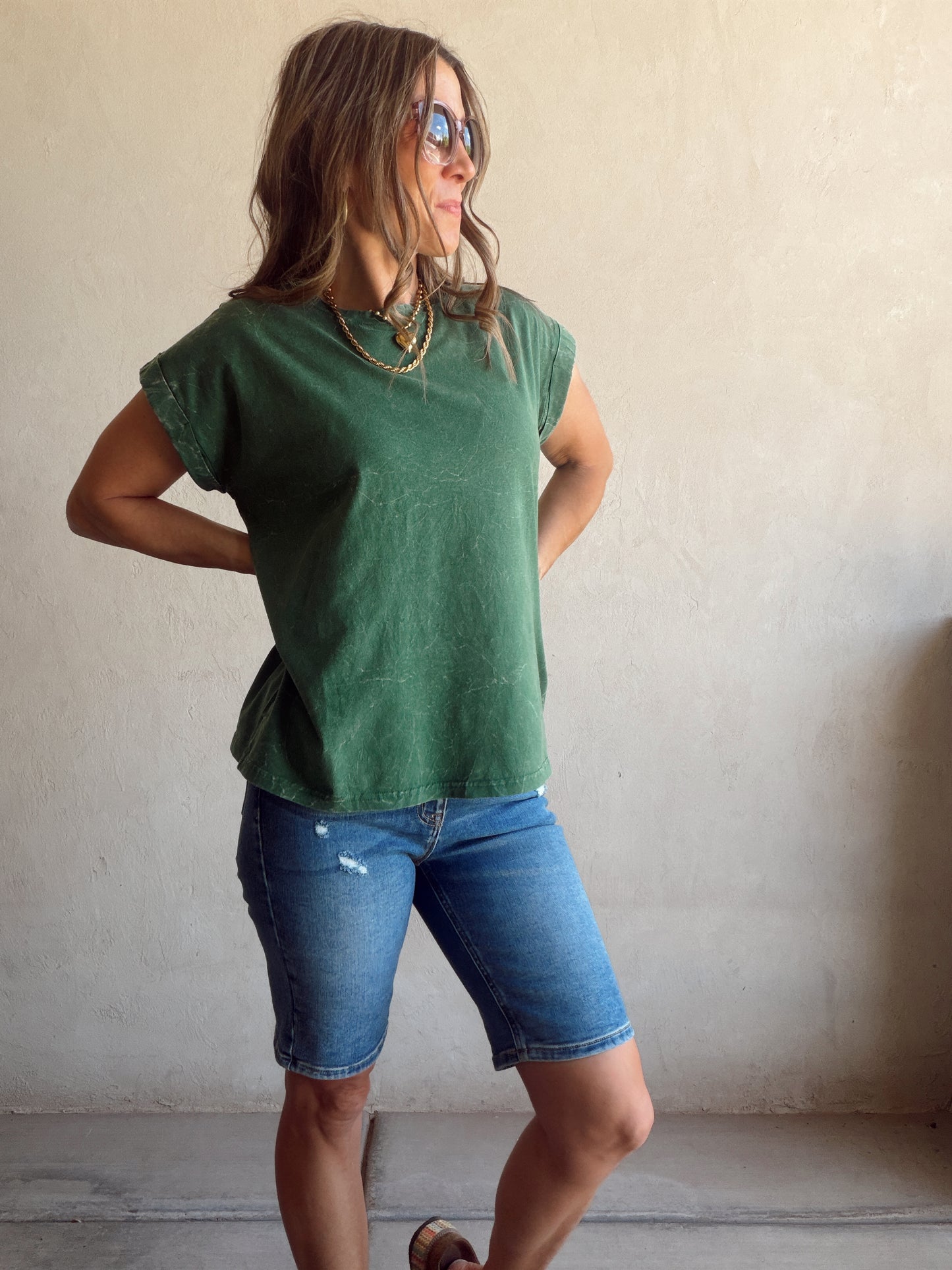 Amber Mineral Washed Top in Evergreen