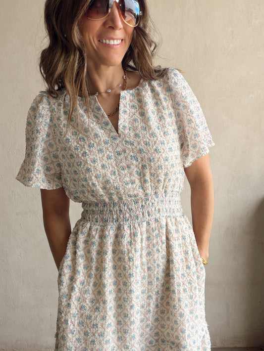 Sunday Floral Dress in Blue, Pink & Ivory