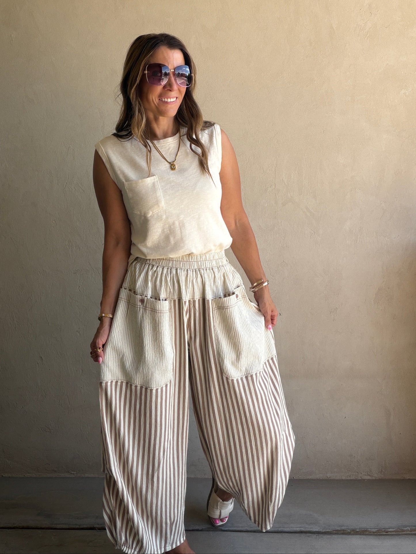 Charley Striped Parachute Pants in Mocha & Cream