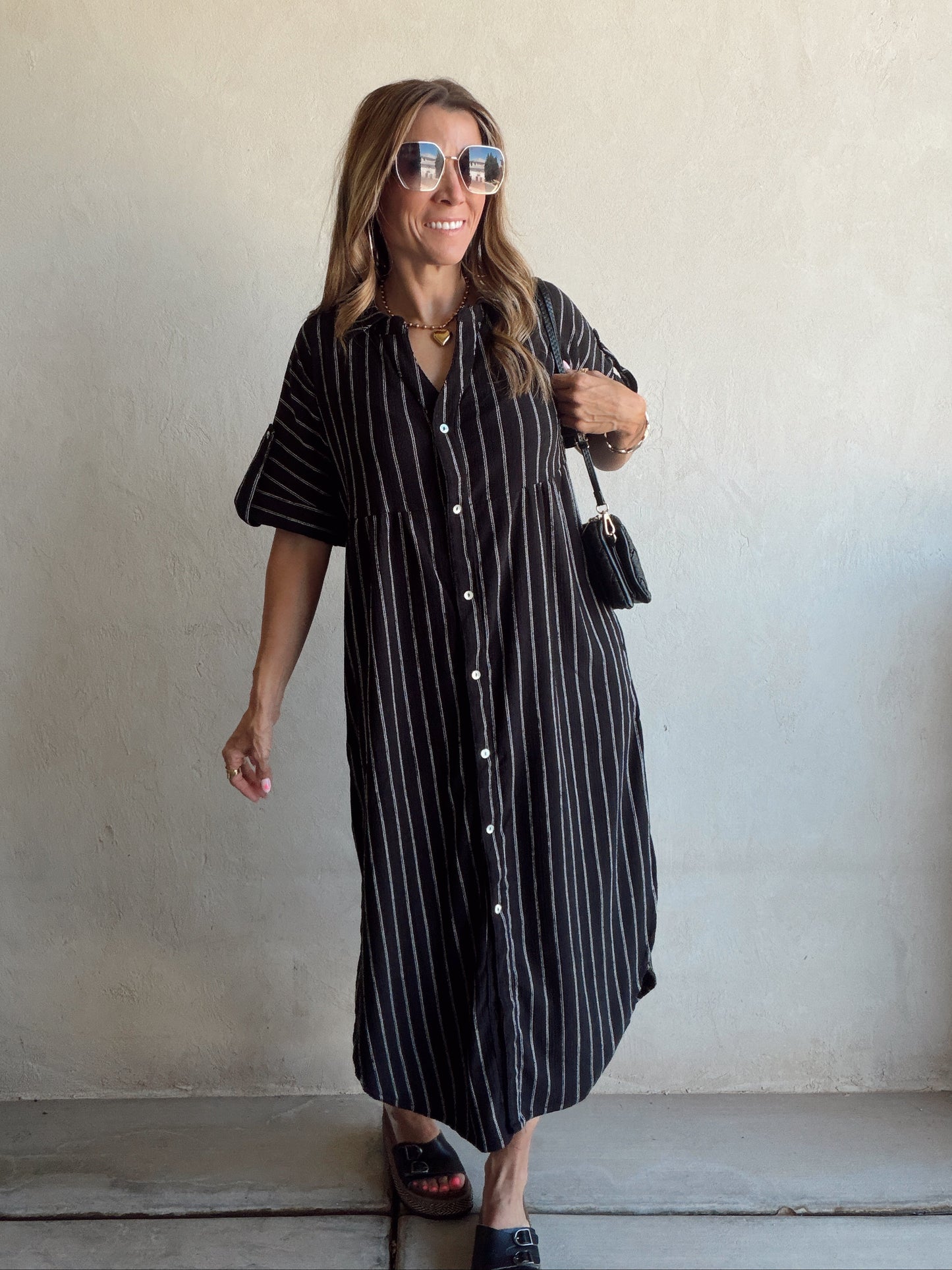 Tia Dress in Black with White Stripes