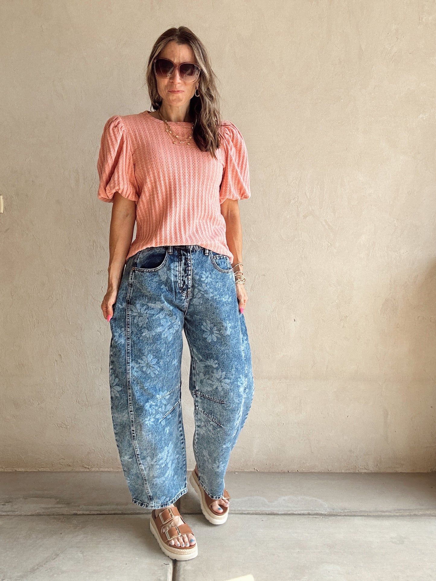 Annie Wear Textured Puff Sleeve Top in Rose