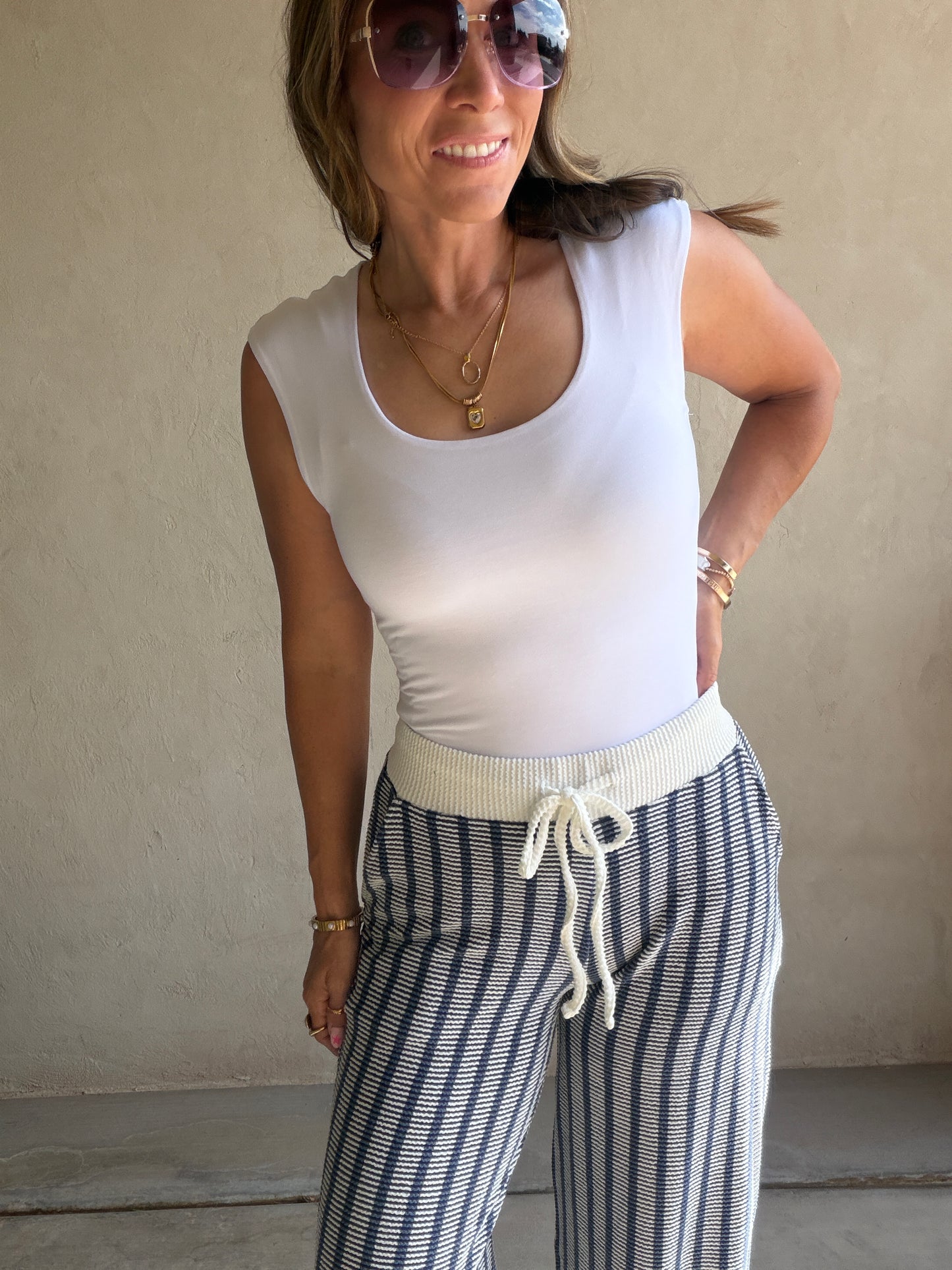 Andrea Ribbed Pants in Navy & Ivory