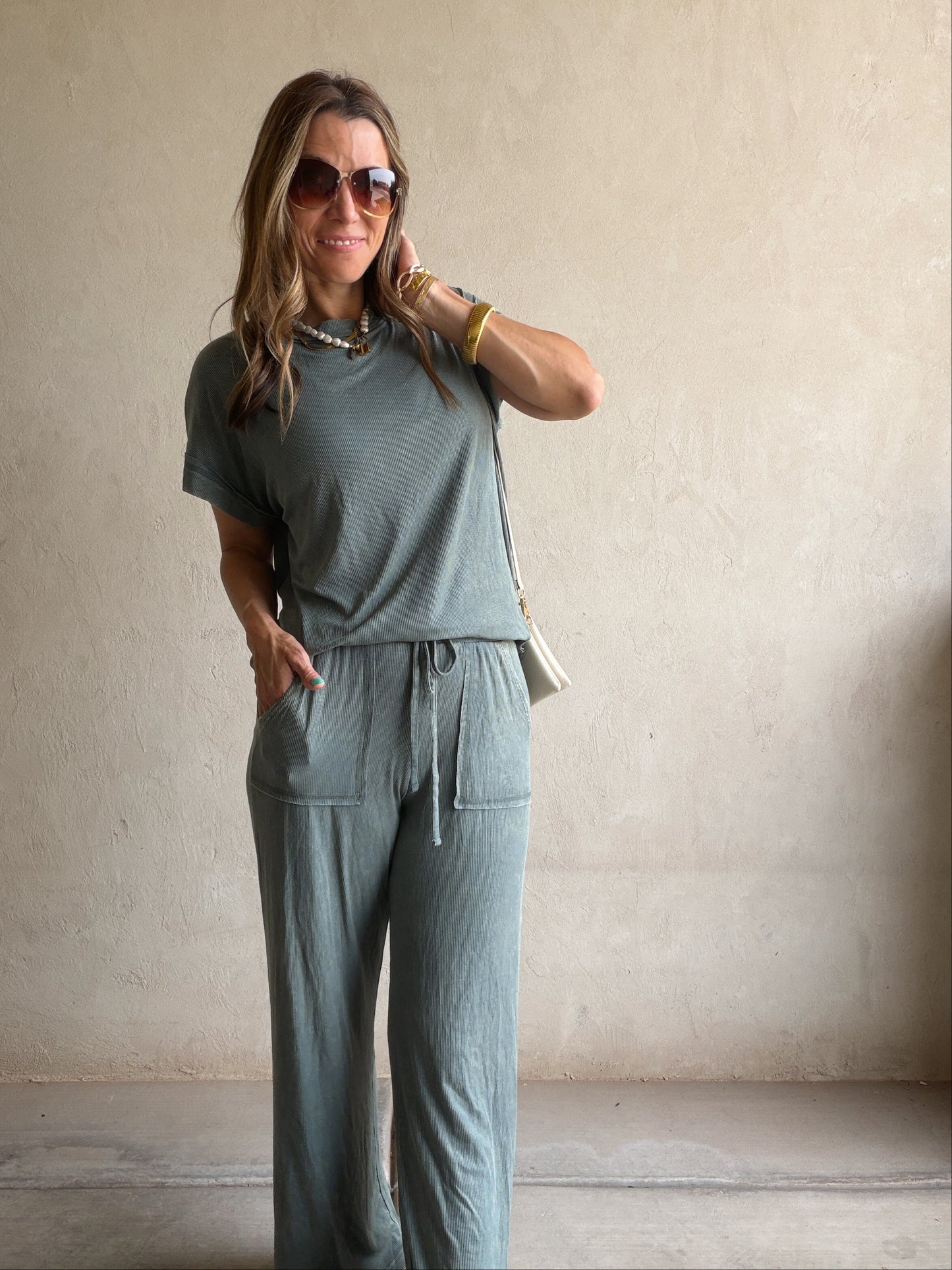 Raelyn Ribbed Mineral Washed Set in Ash Jade