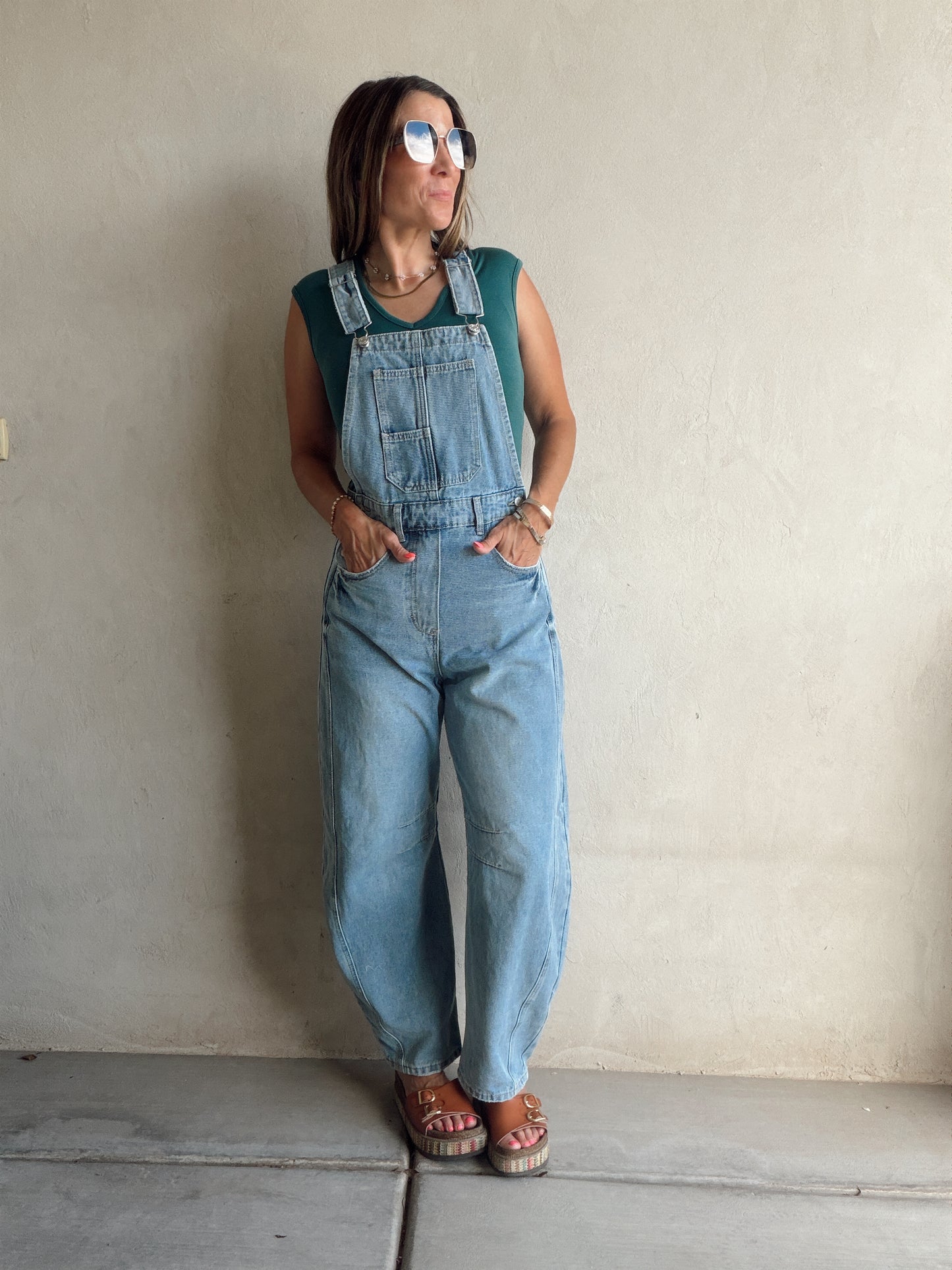 Bridget Denim Barrel Overalls in Medium Wash