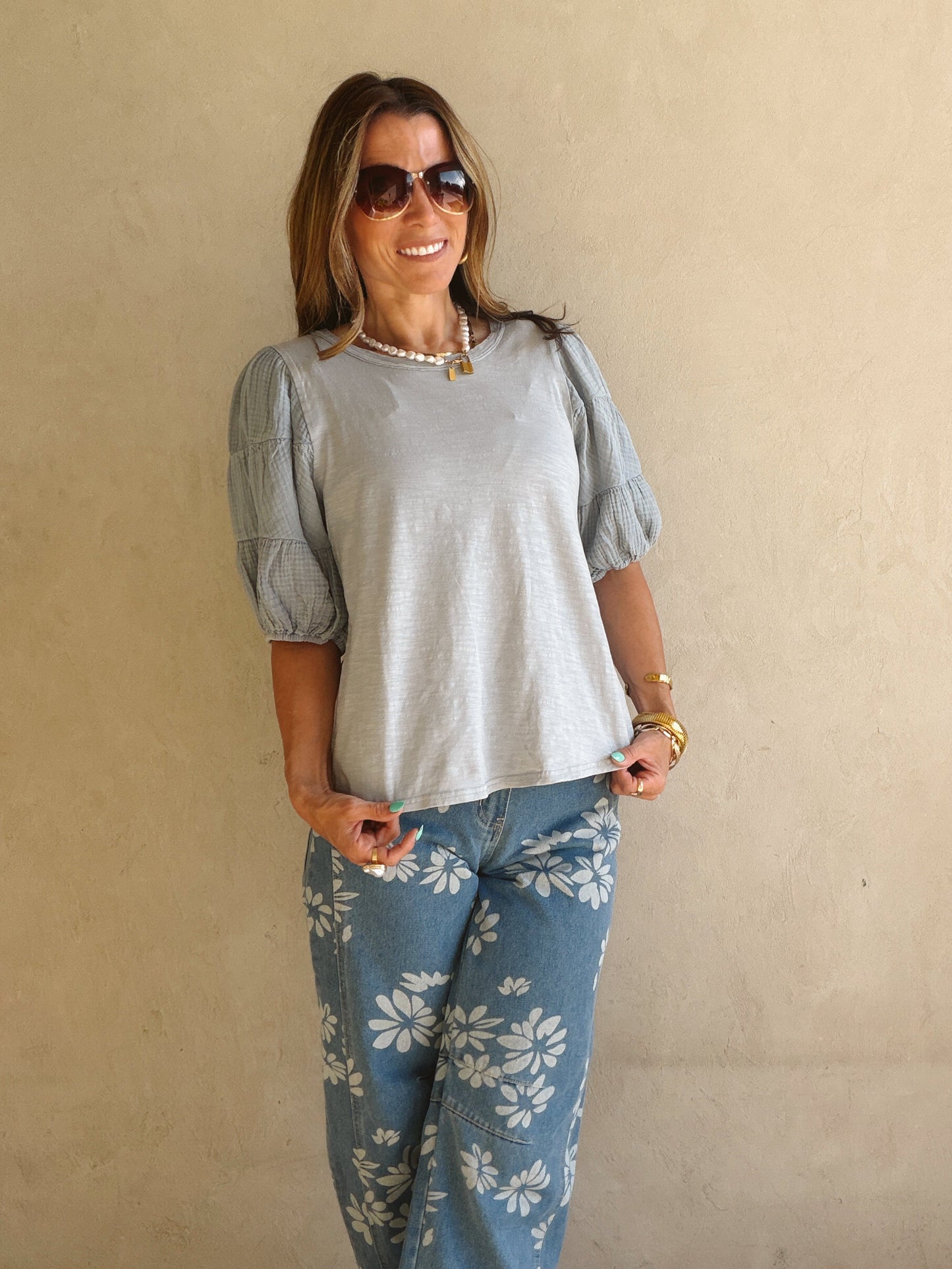 Jenny Gauze Sleeve Top in Mineral Wash Blue