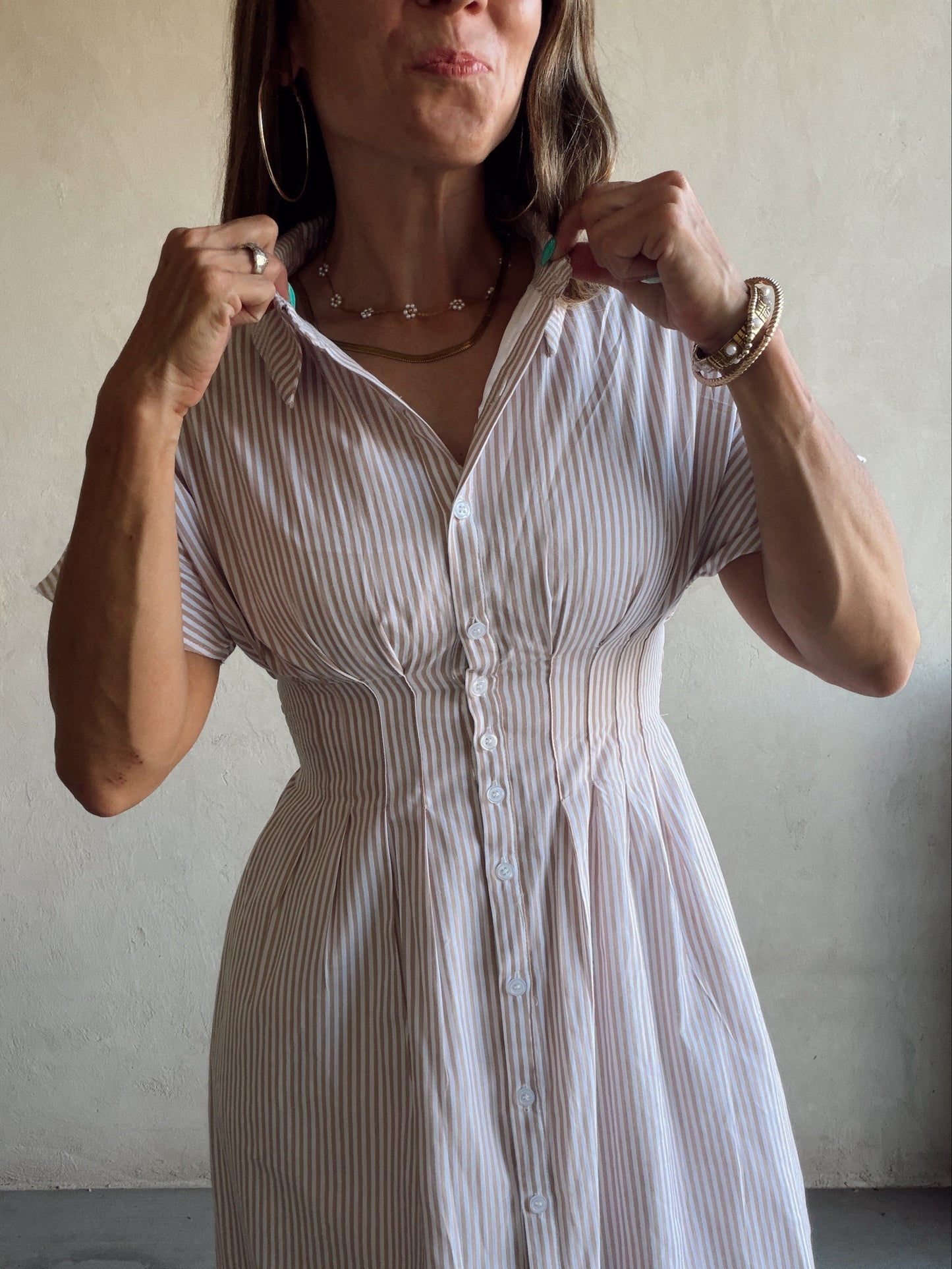 Sherri Striped Dress in Taupe & White