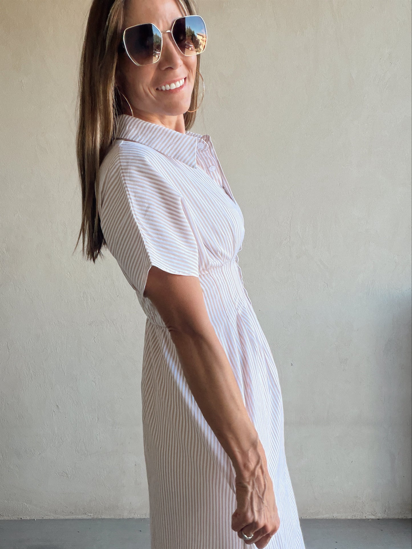 Sherri Striped Dress in Taupe & White