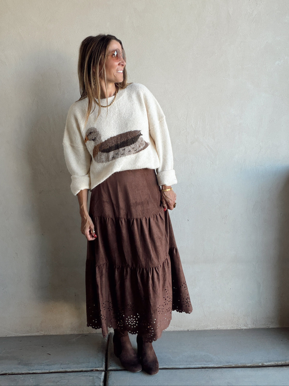 Sophie Suede Eyelet Skirt in Chocolate