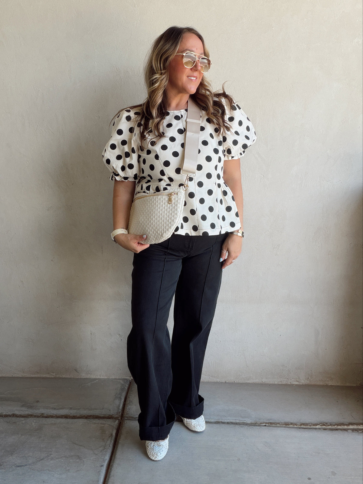 Barb Polka Dot top in Natural & Black