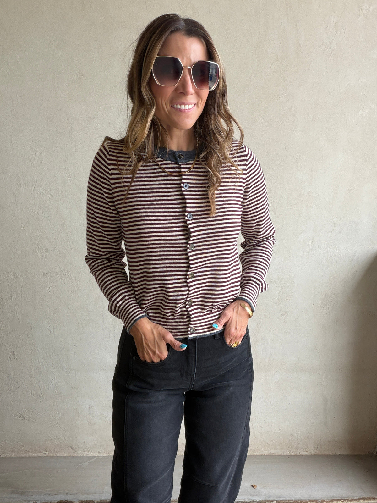 Adrianne Cardigan in Burgundy Stripe