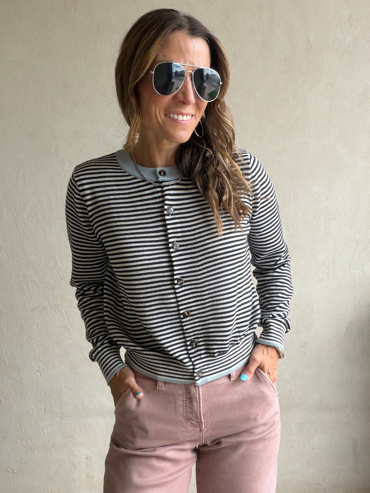 Adrienne Cardigan in in Dark Navy Stripe