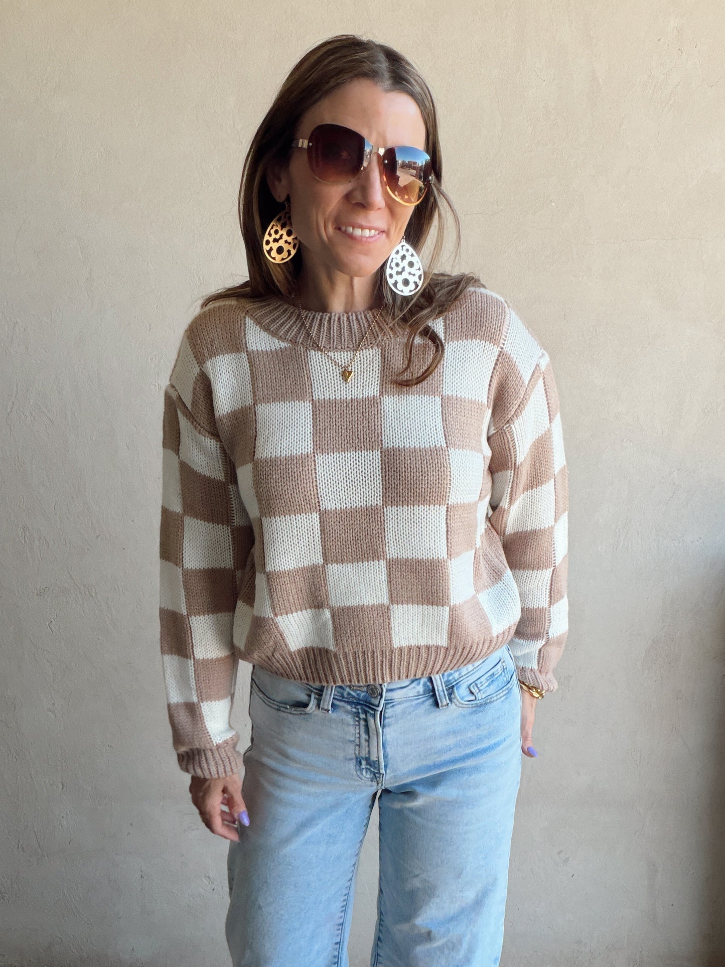 Sienna Check Sweater in Beige & Ivory