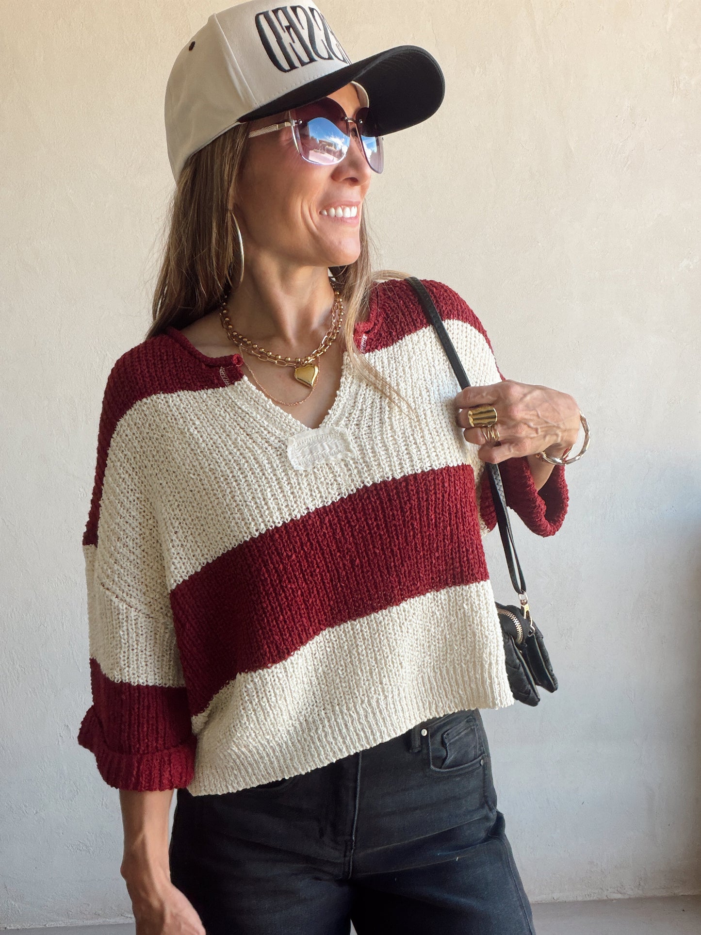 Christy V-Neck Top in Cabernet & Cream